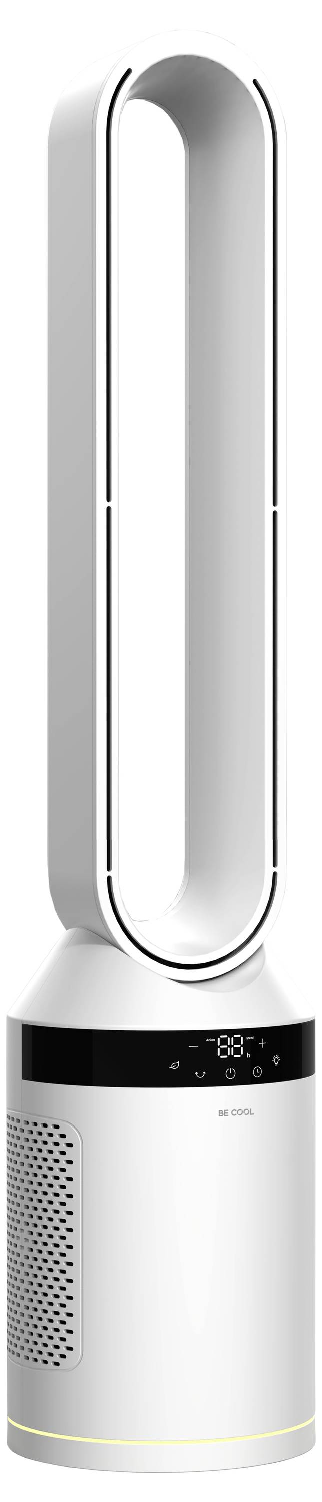 Ein großer, weißer Ventilator ohne Flügel mit einer dünnen vertikalen ovalen Schleife oben, entworfen zur Luftzirkulation und Luftreinigung.