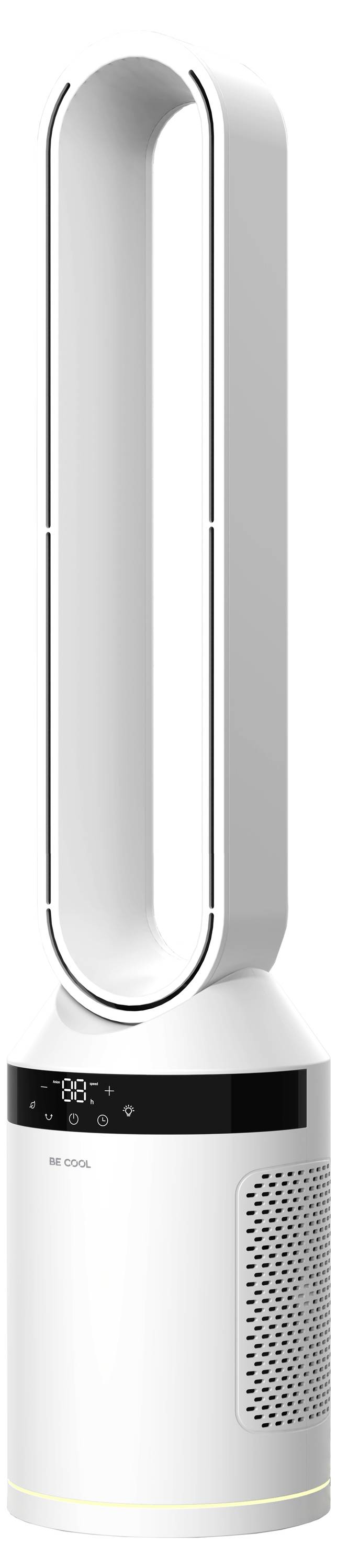 Ein blattloses Turmventilator mit elegantem weißem Design, mit ovalförmigem Kopf und einem digitalen Bedienfeld auf der Basis zur Einstellung der Einstellungen.