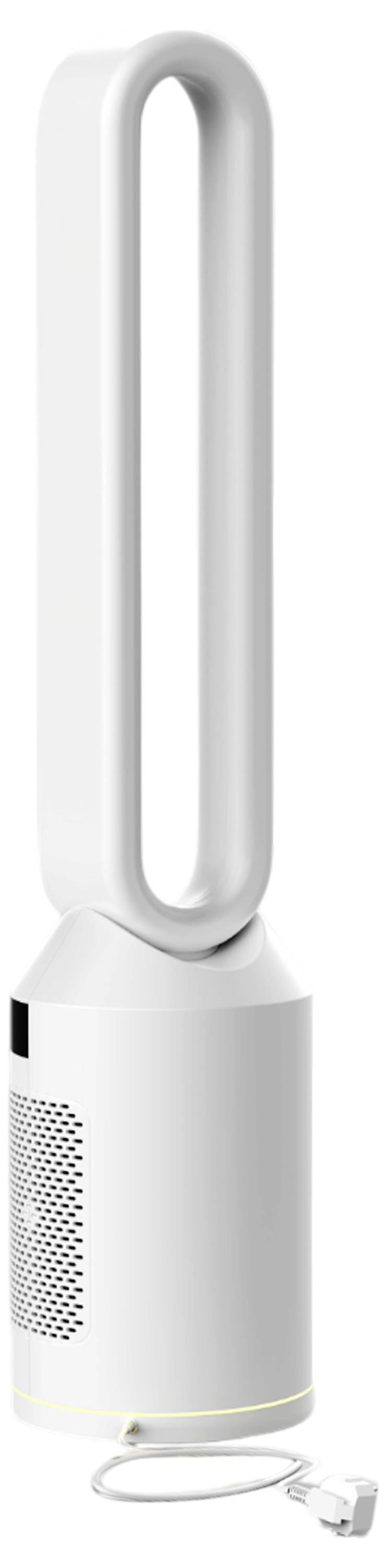 Ein schlanker, moderner Turmventilator mit einem länglichen Oval-Design, das eine perforierte Basis und ein Stromkabel am unteren Ende aufweist.