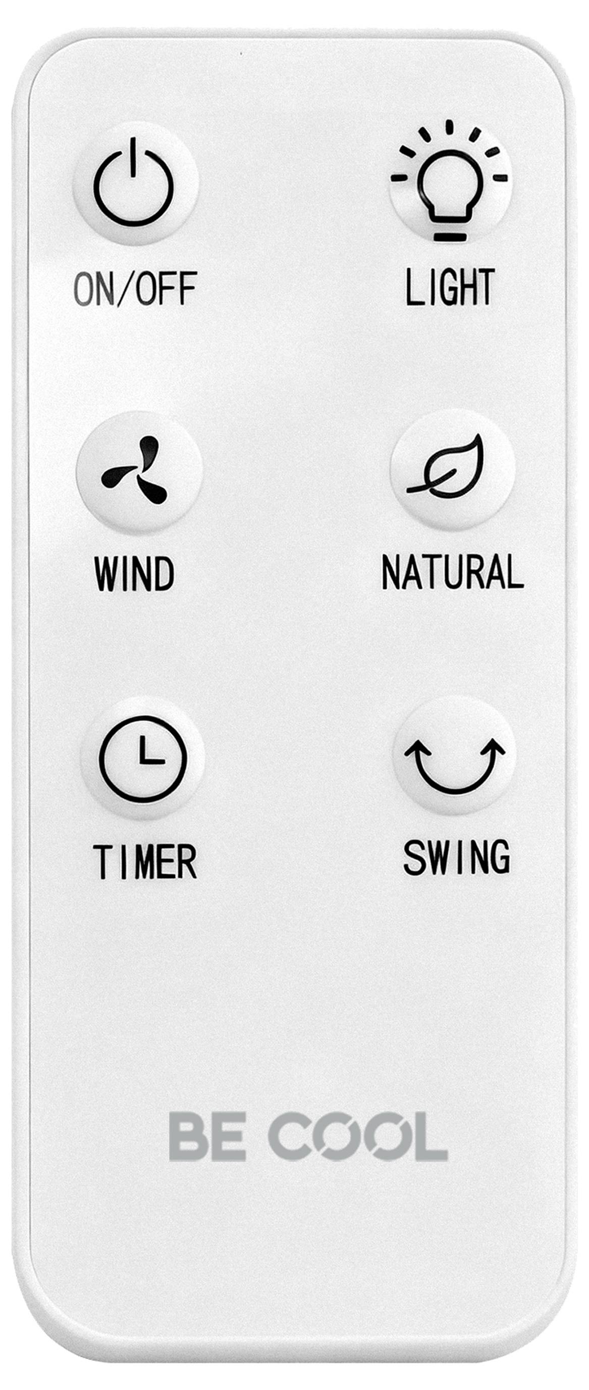 Eine weiße Fernbedienung mit Tasten für „EIN/AUS