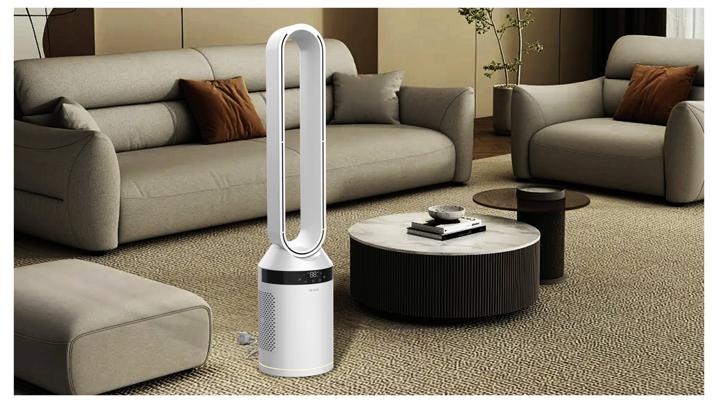 Ein moderner, flügellose Ventilator in einem stilvollen Wohnzimmer mit grauen Sofas, einem runden Couchtisch und sanfter Beleuchtung schafft eine gemütliche Atmosphäre.