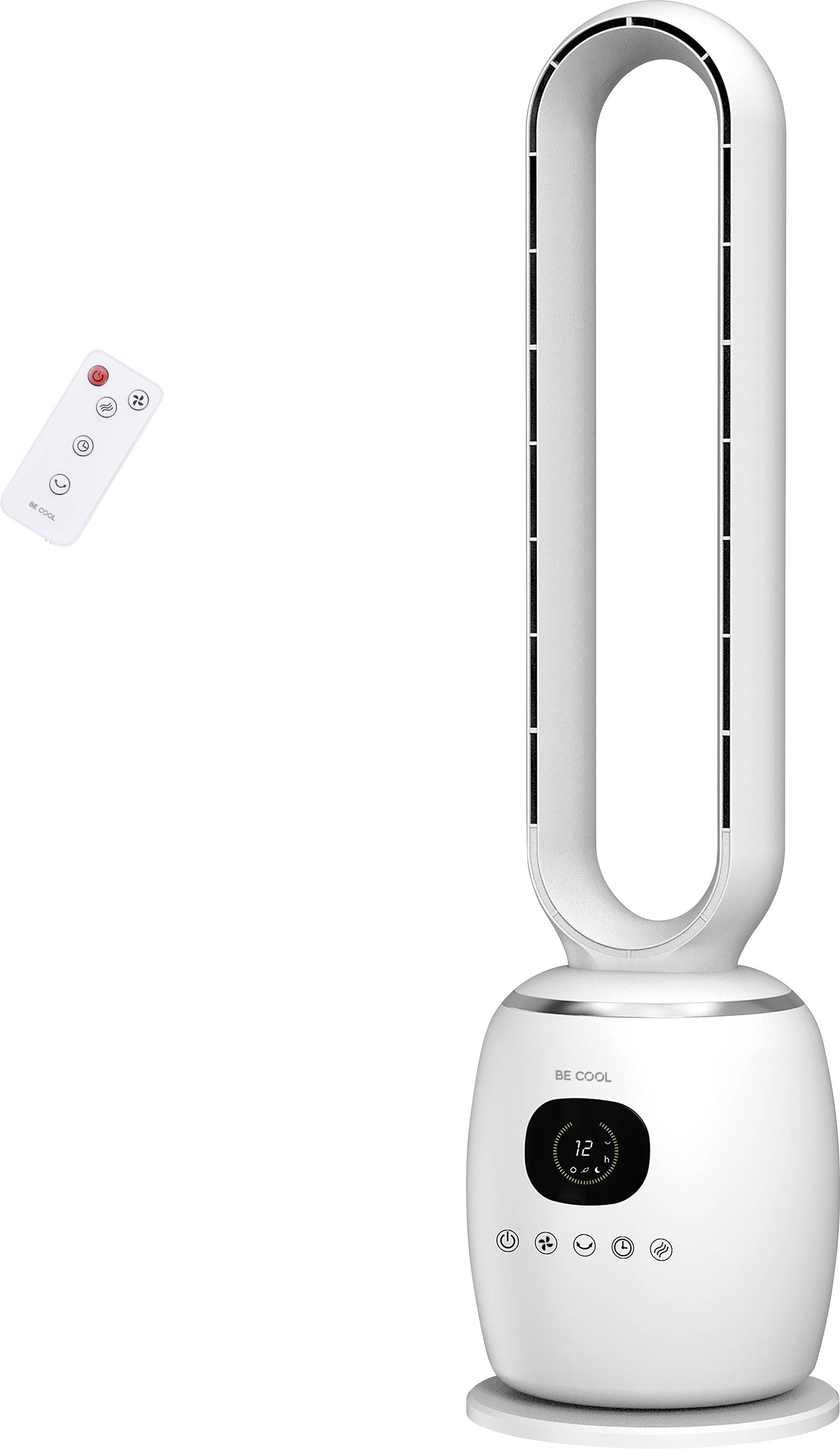 Turmventilator mit blattlosem Design und digitaler Anzeige, mit Fernbedienung.