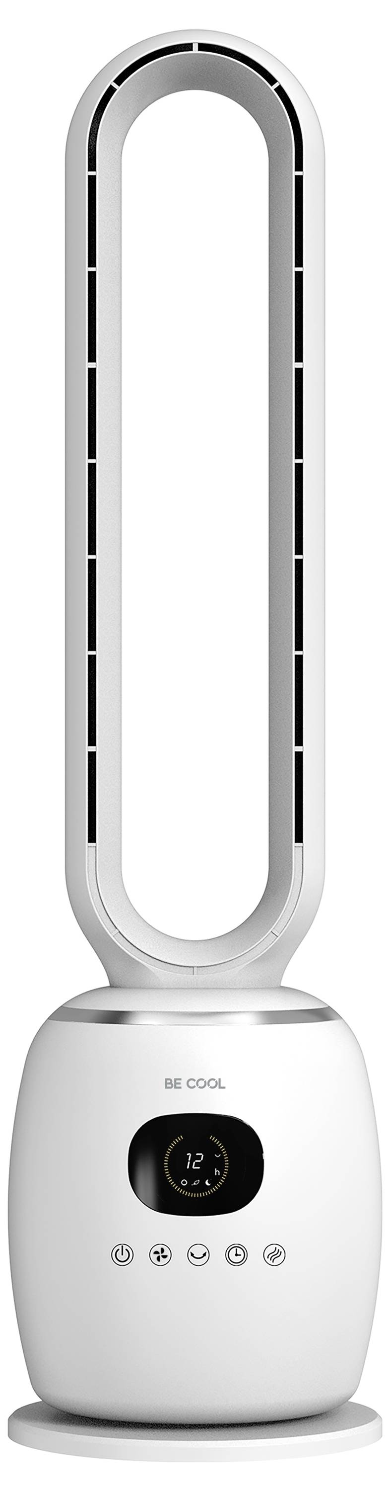 Ein schlanker, moderner Ventilator ohne Flügel in Weiß mit ovalem Design, digitales Display und Bedienungstasten auf der Basis.