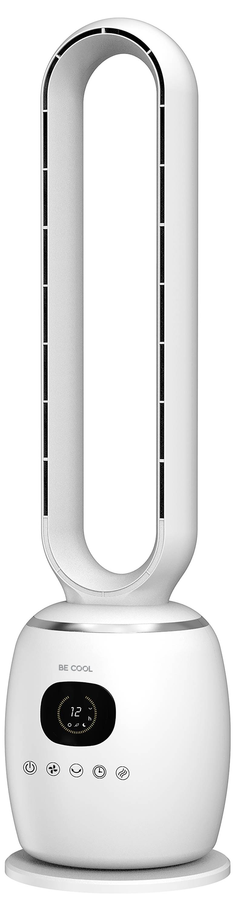 Ein eleganter, blattloser Ventilator mit einer länglichen ovalen Form und einer digitalen Anzeige auf dem Sockel, die Zahlen und Symbole zeigt.