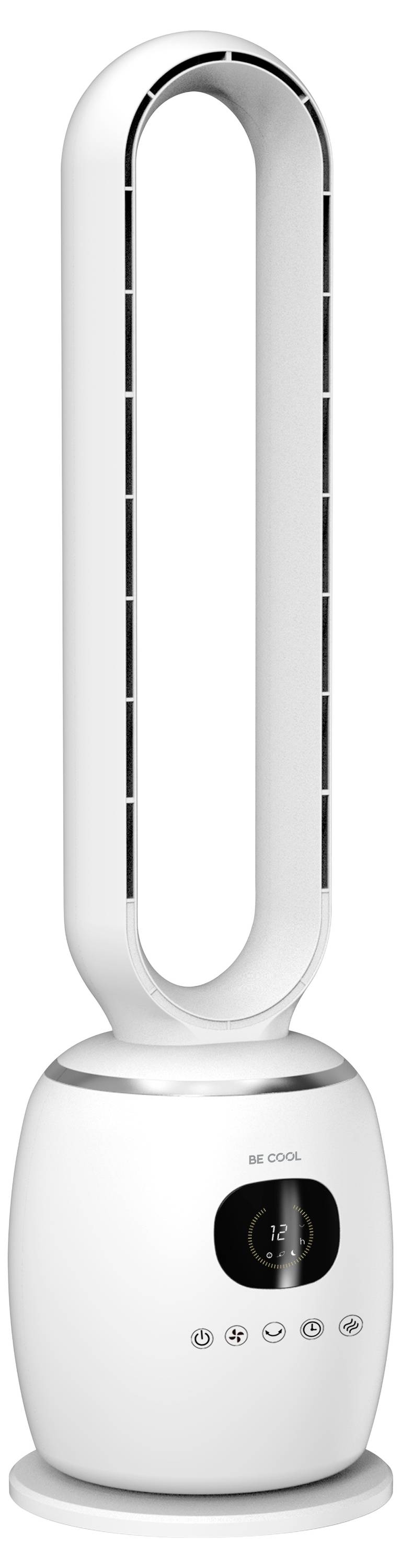 Großer, blattloser weißer Ventilator mit digitaler Anzeige und Steuertasten auf dem Sockel, konzipiert für moderne Raumkühlung im Zuhause.