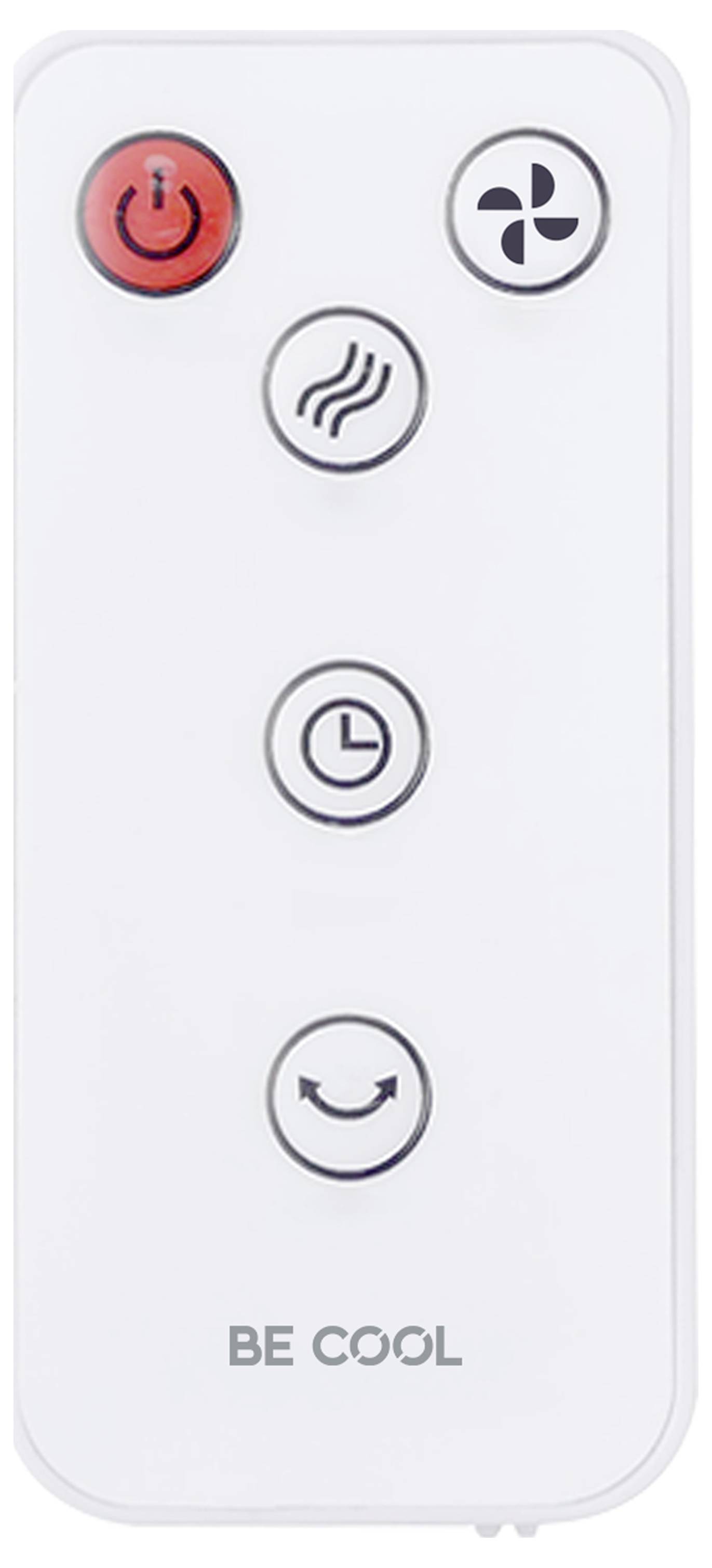 Eine weiße Fernbedienung mit Tasten für Stromversorgung, Ventilator, Heizung, Timer und ein Smiley-Gesicht, mit dem Text „BE COOL