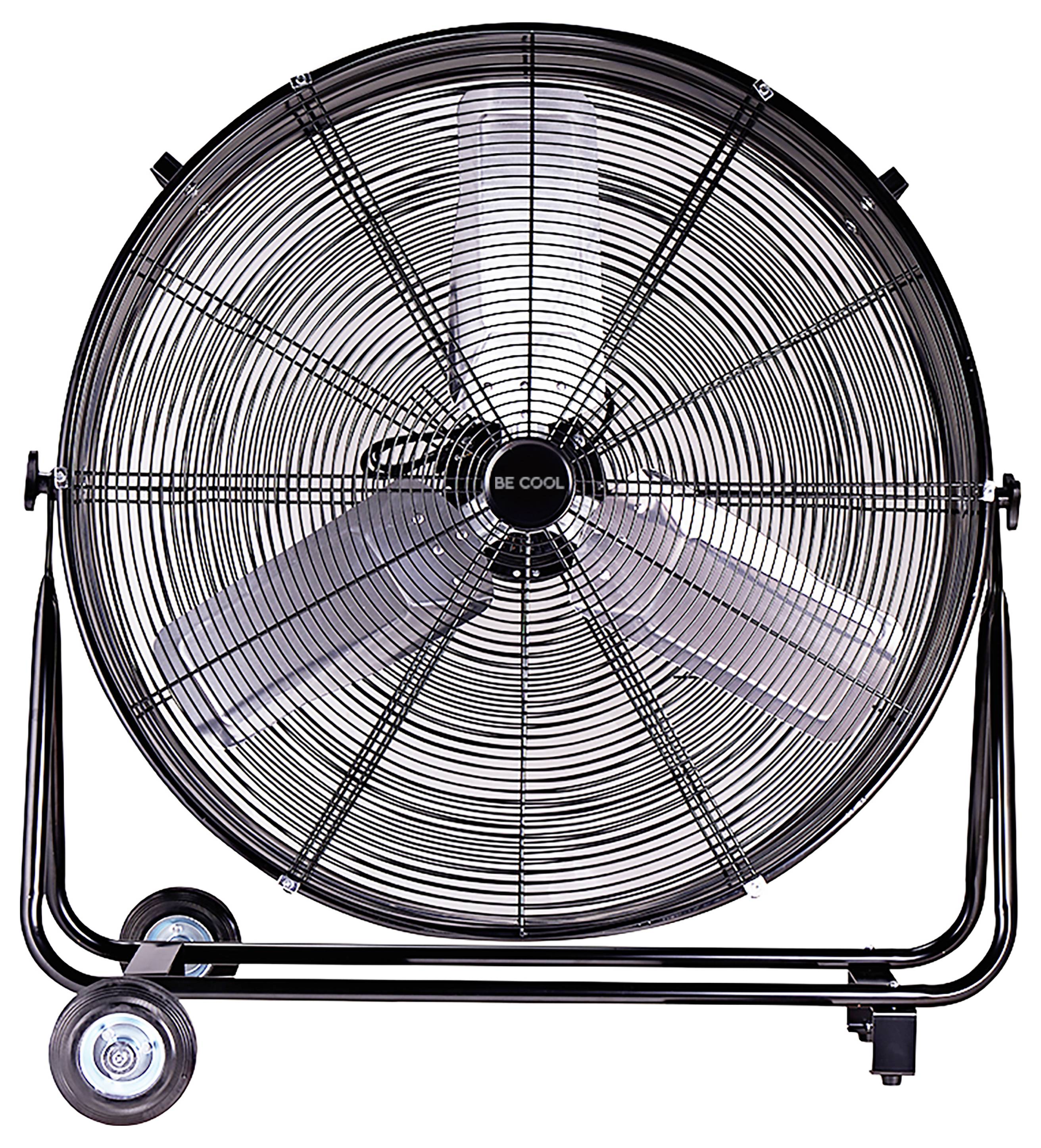 Ein großer, industrieller Metallventilator mit einem „BE COOL