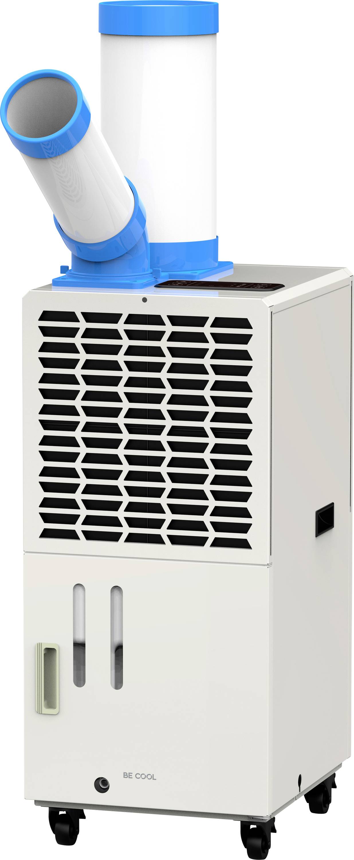 Tragbare Klimaanlage mit zwei Rohren, die oben herausführen, mit digitaler Bedienfeld. Entwickelt für effiziente Kühlung in kleinen Räumen.