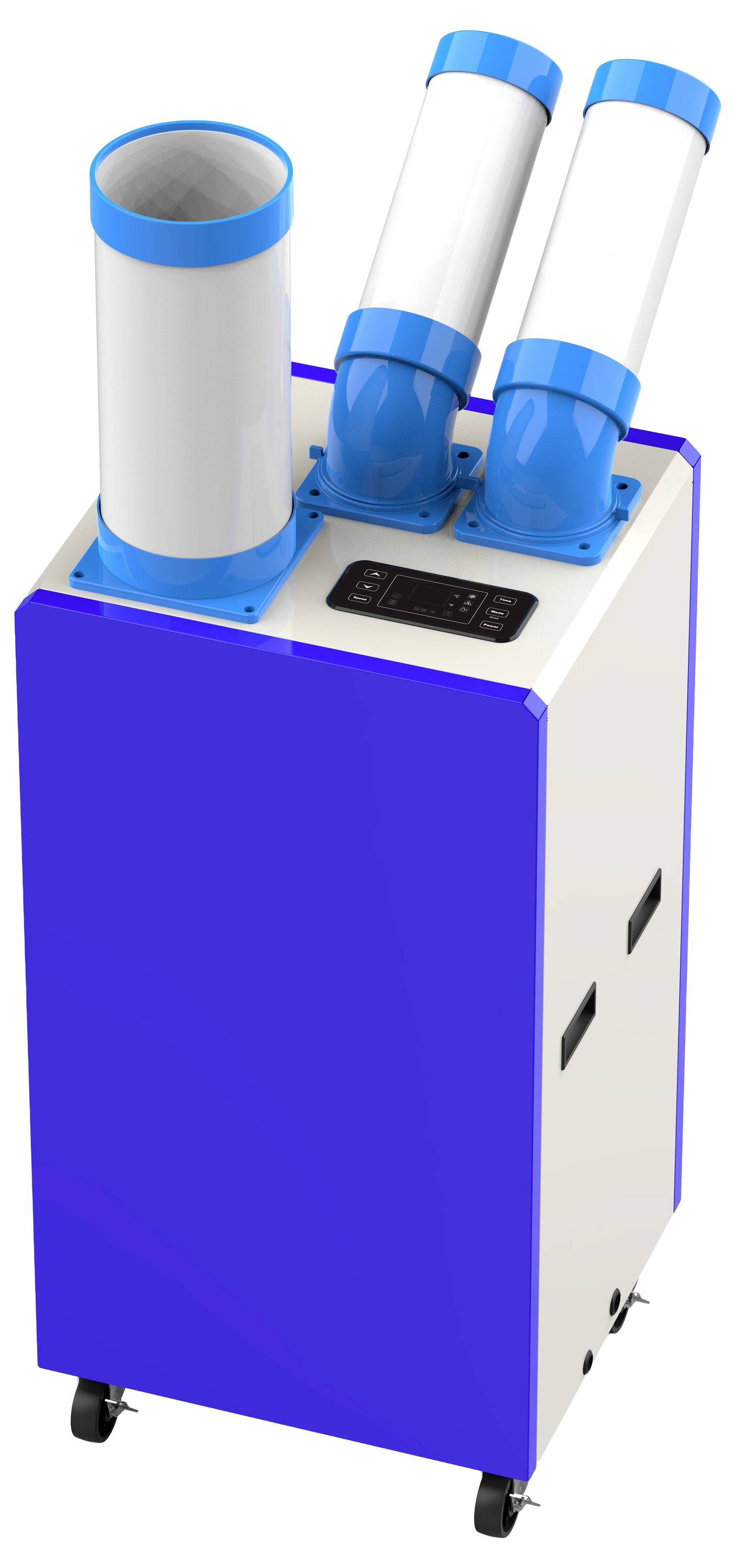 Eine tragbare Klimaanlage in Blau und Weiß mit drei verstellbaren Abluftrohren und einem digitalen Anzeigefeld oben.