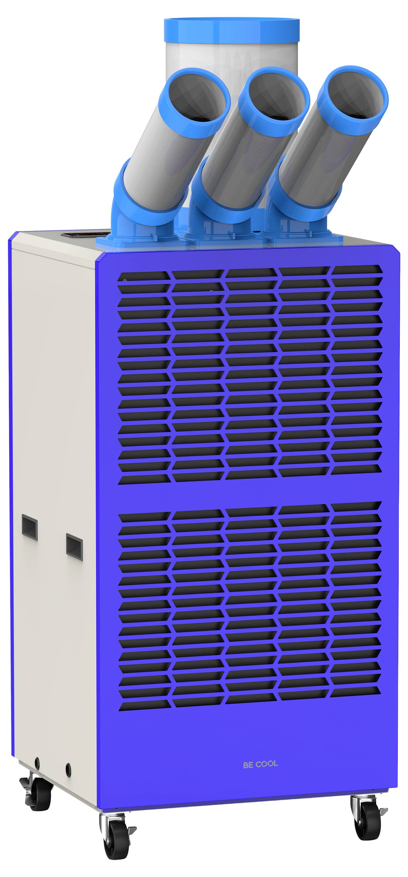 Eine tragbare Klimaanlage auf Rädern mit drei verstellbaren Lüftungsöffnungen oben, mit blauem und grauem Design.