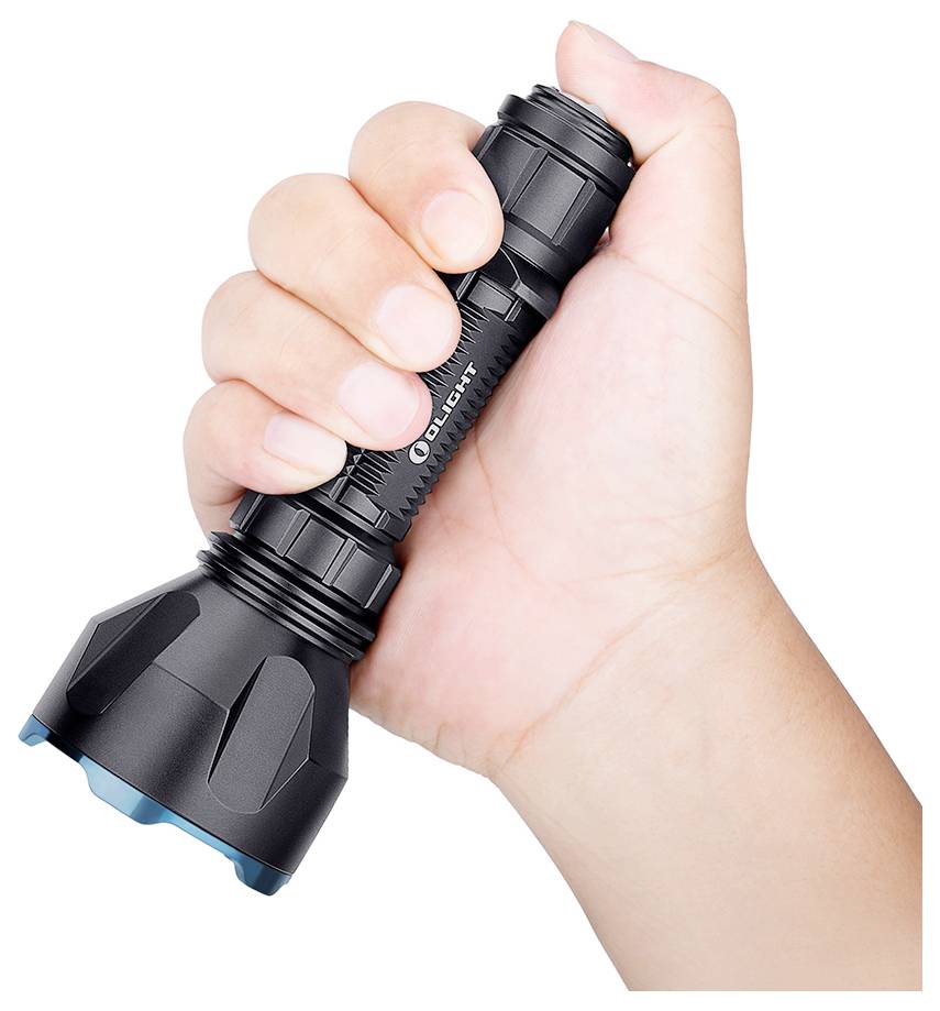 Eine Hand, die eine schwarze Taschenlampe mit blaugetöntem Objektiv hält, präsentiert ihre kompakte und ergonomische Gestaltung.