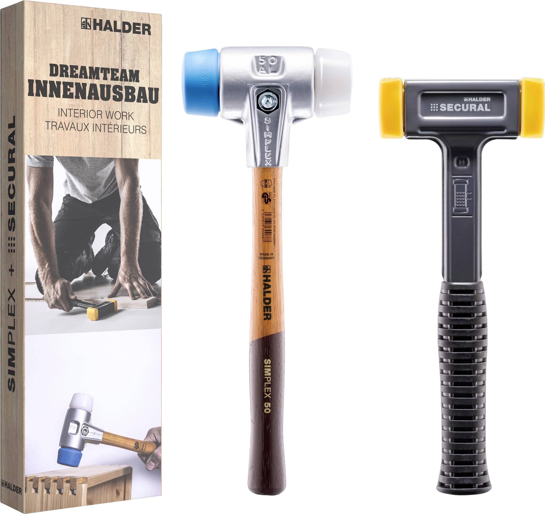 Das Bild zeigt zwei Hämmer: einen SIMPLEX mit hölzernem Griff und weiß-grauem Kopf sowie einen SECURAL mit Gummigriff und gelb-schwarzem Kopf.