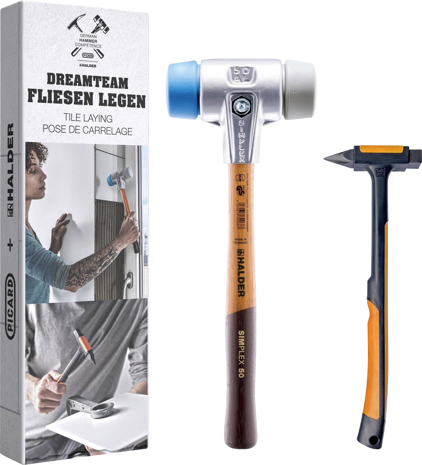 Fliesenverlegeset mit Gummihammer und kleinem Hammer. Die Verpackung zeigt Bilder der Werkzeuge, die bei der Fliesenverlegung verwendet werden.