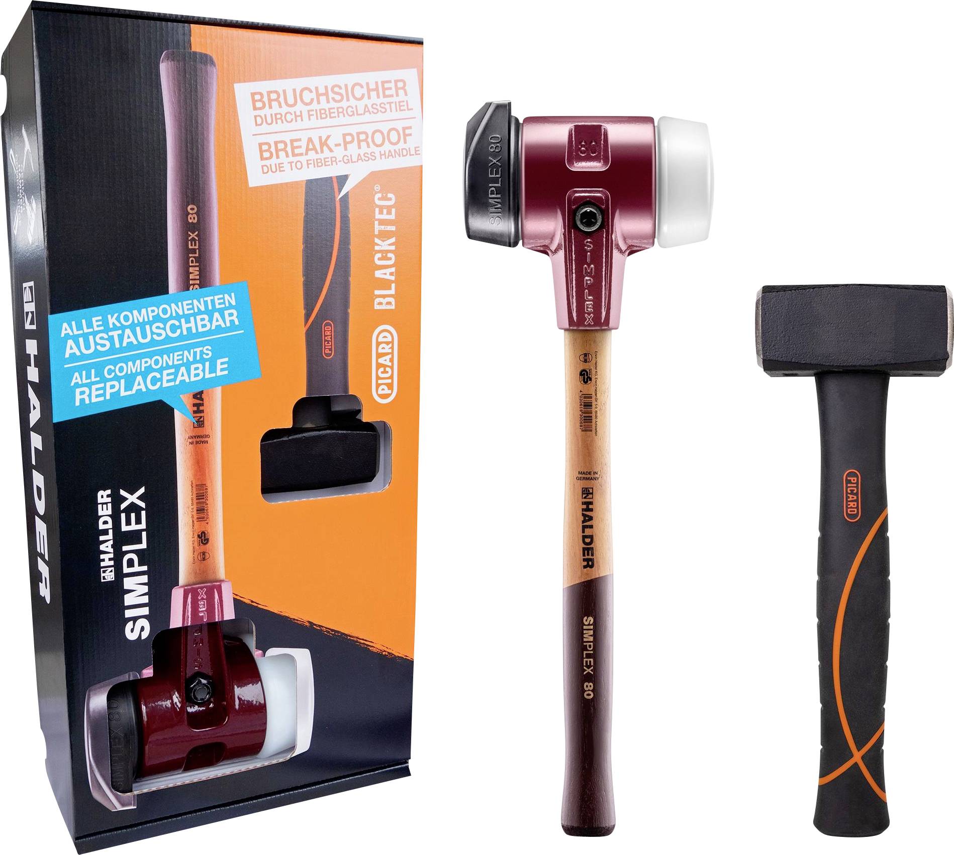 Ein Hammer und seine Verpackung mit rotem und schwarzem Design und mehrsprachigen Etiketten. Der Text enthält 