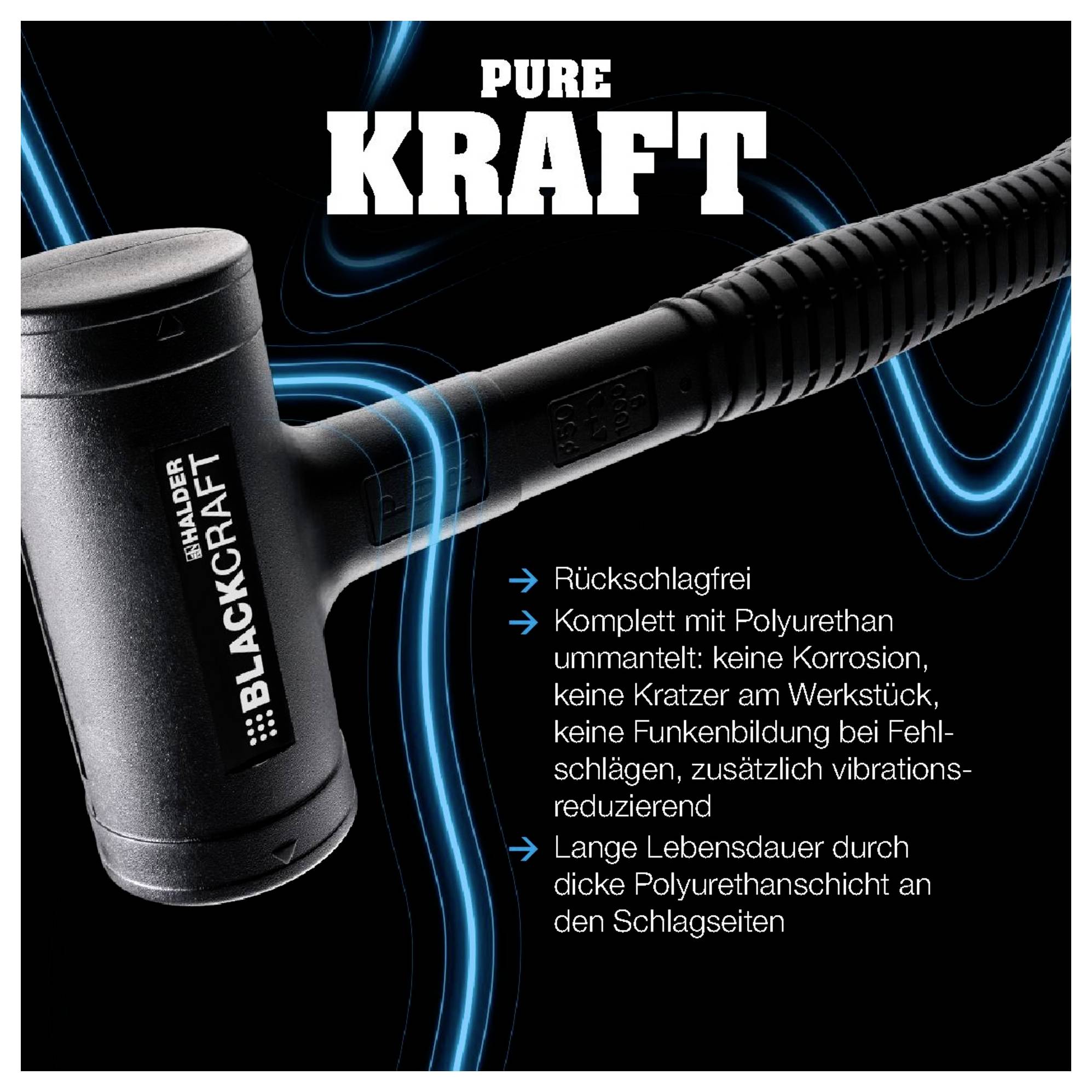 Hammer mit Kunststoffmantel, Marke 'Blackcraft', rutschfest, vibrationsarm. Text: Rückschlagfrei, keine Korrosion oder Kratzer. Lange Lebensdauer.