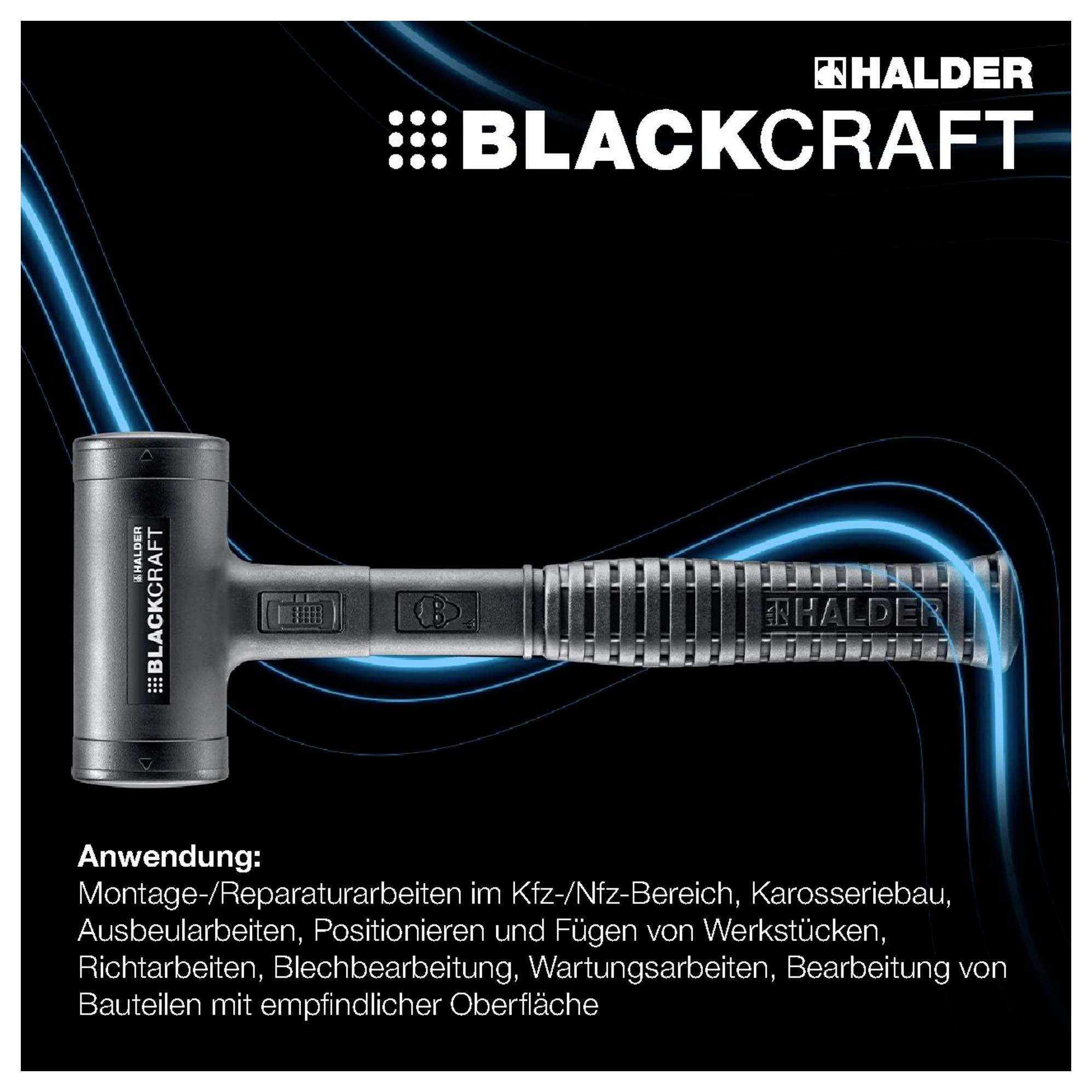 Montagehammer von Halder, Modell BLACKCRAFT, zur Anwendung in Kfz-Bereich, Karosseriebau und Blechbearbeitung, mit empfindlicher Oberfläche.