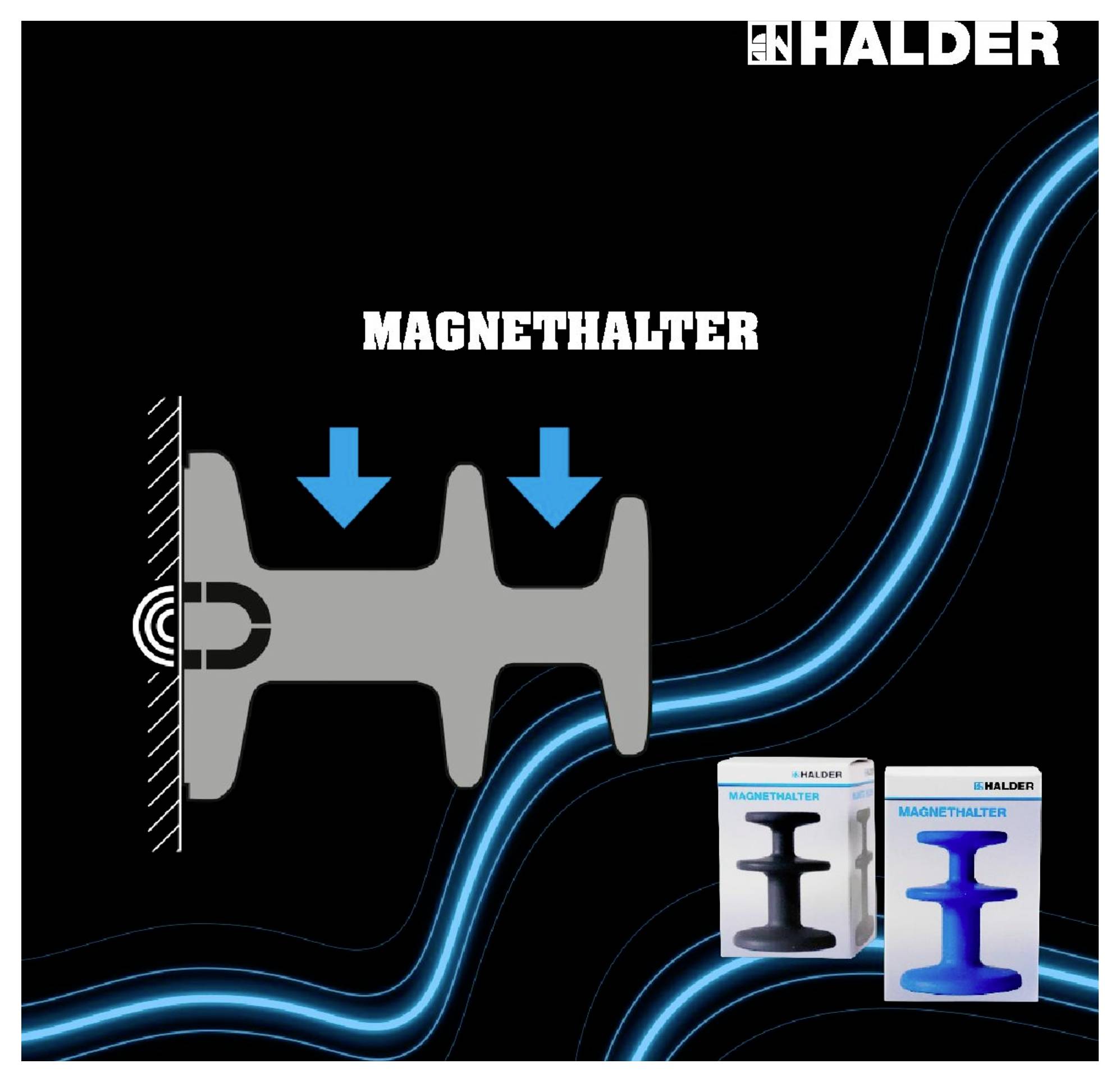 'Magnethalter' auf schwarzem Hintergrund, Darstellung zeigt Befestigung eines Objekts mit Magneten. Zwei Verpackungen unten rechts.
