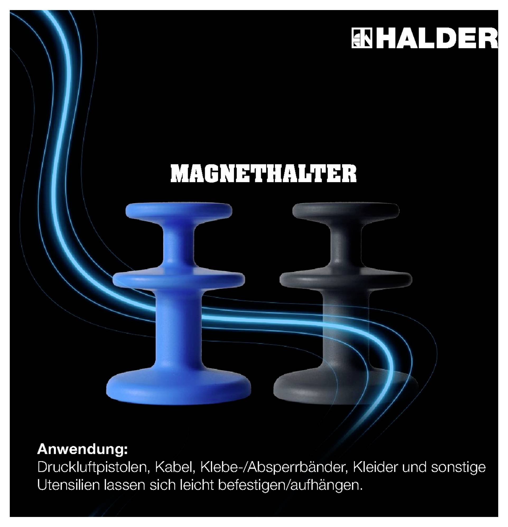 Zwei Magnete mit Griff: einer blau, einer schwarz. Anwendung: zur Befestigung von Druckluftpistolen, Kabeln, Bändern und Kleidung.