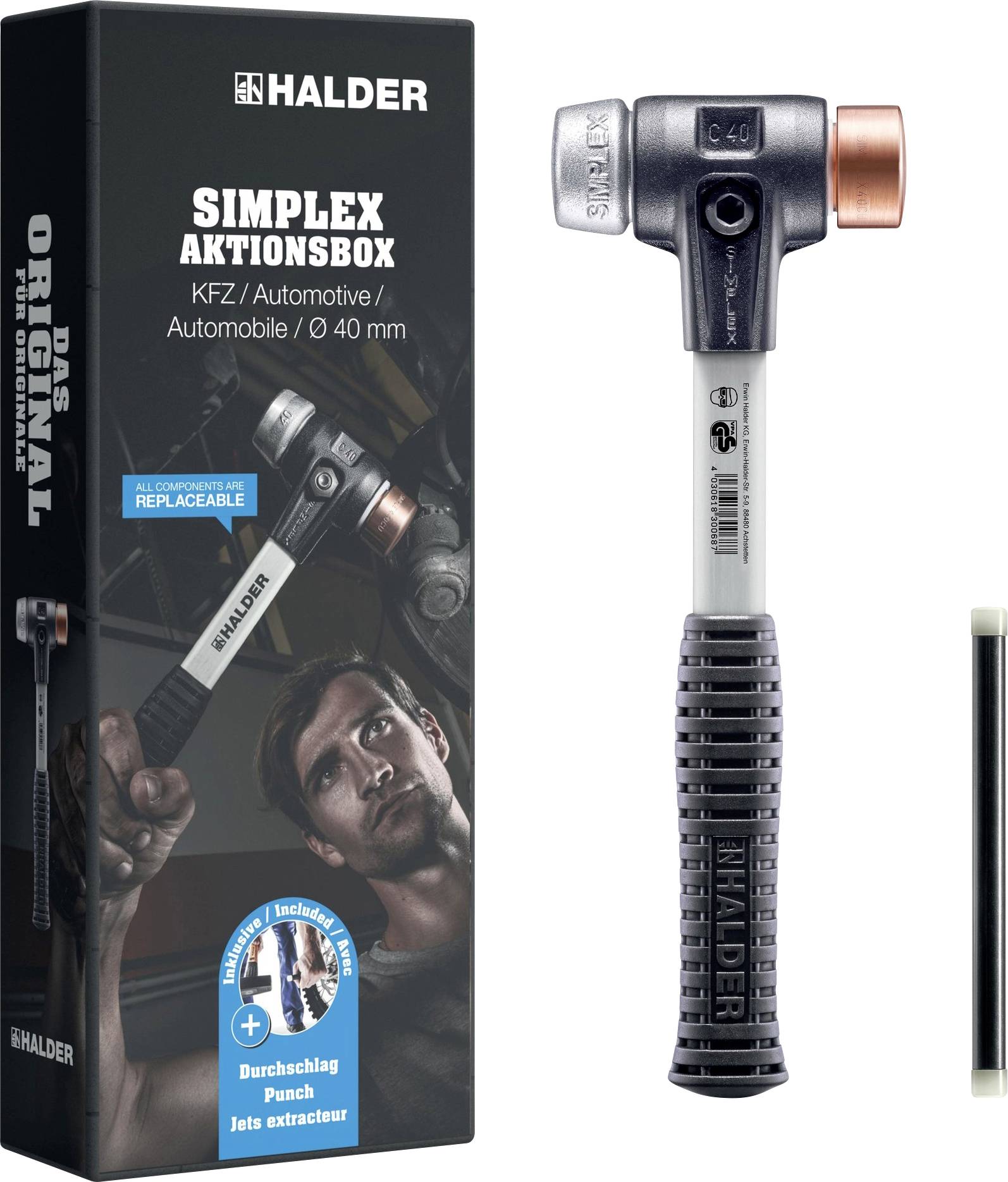'Halder Simplex Automotive 40 mm' Hammer neben seiner Verpackung dargestellt, wobei austauschbare Komponenten und Langlebigkeit für den Einsatz im Automotibereich hervorgehoben werden.