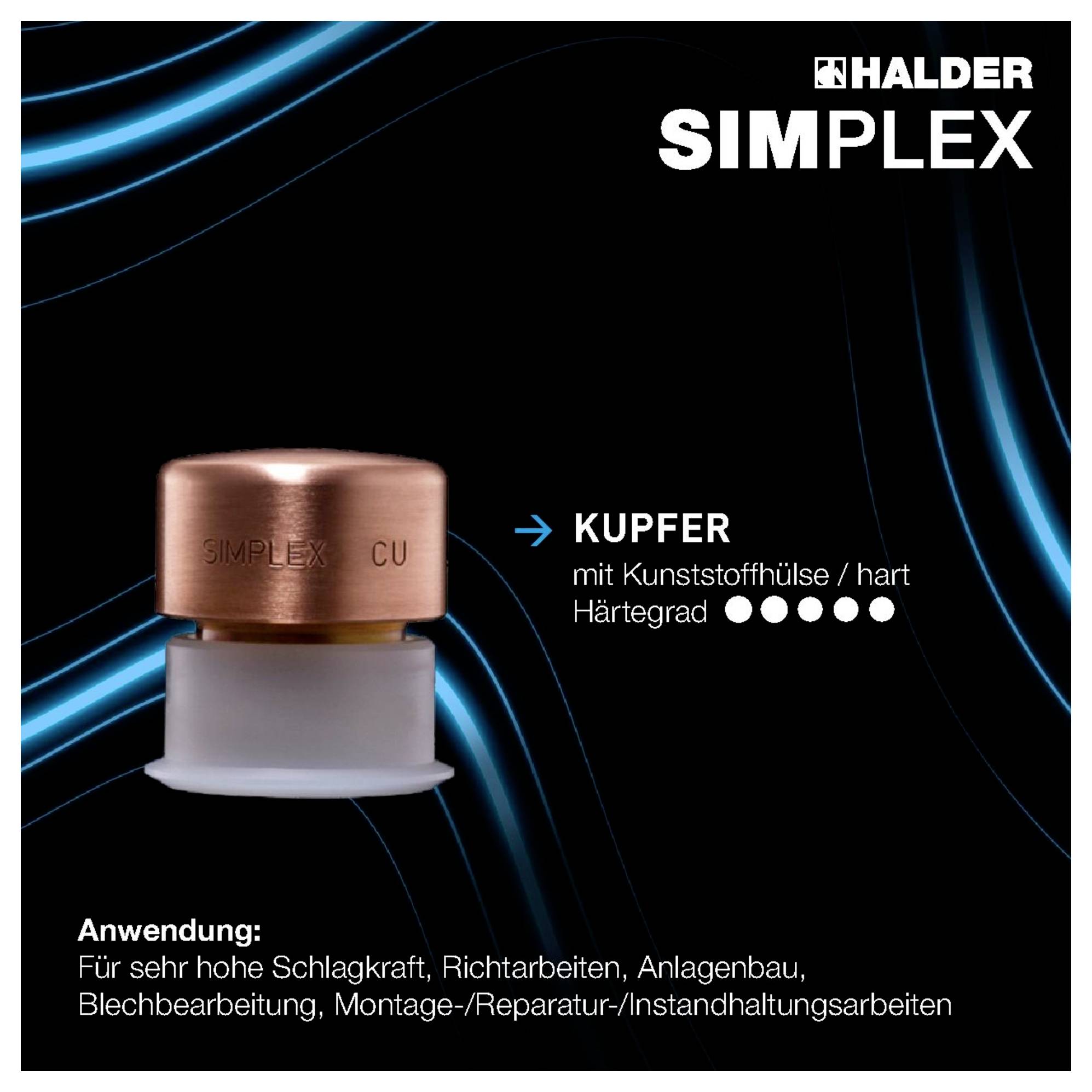 Kupferner Hammeraufsatz mit Kunststoffhülse von Halder. Beschreibung: Harte Schlagfläche, geeignet für Metallbearbeitung und Montagearbeiten.