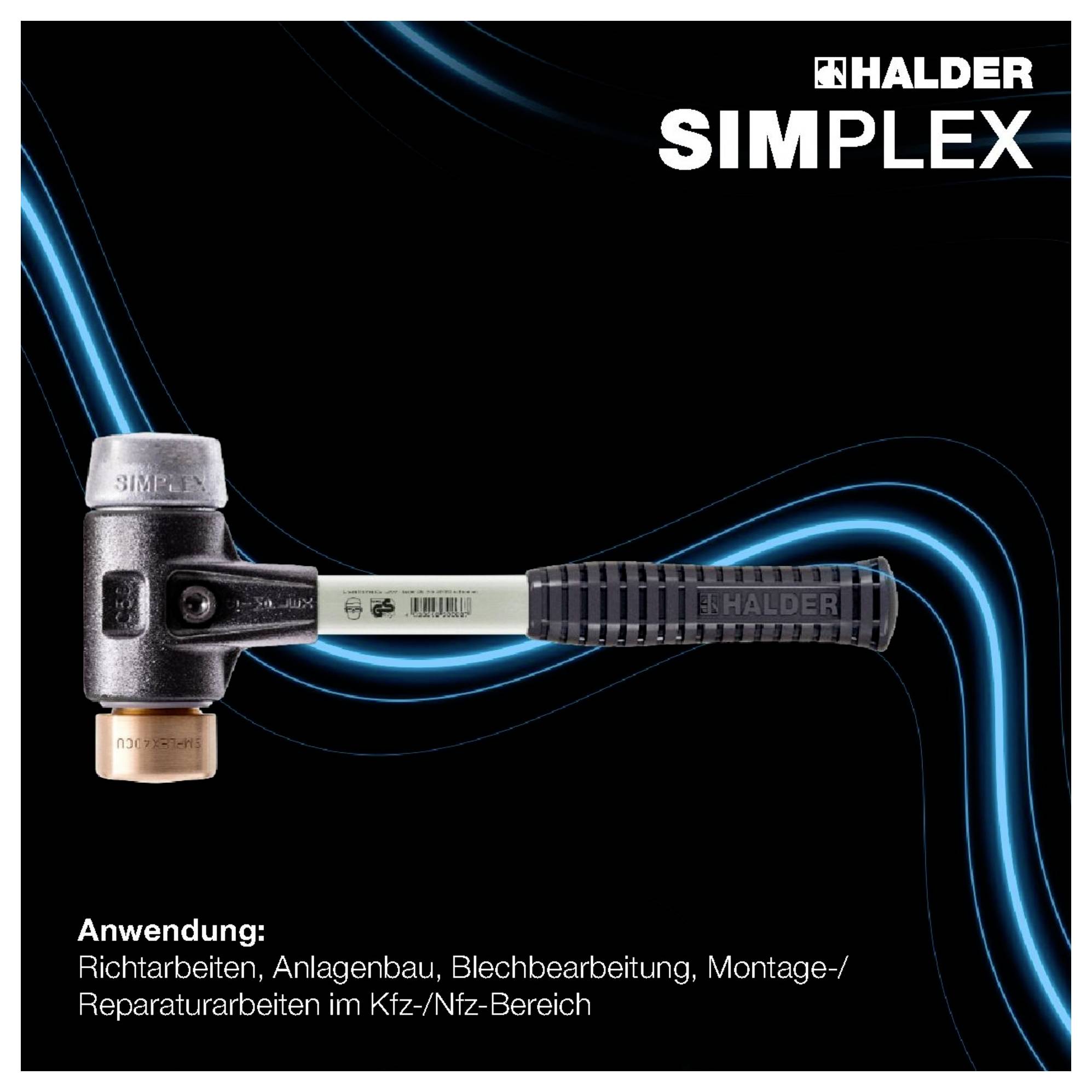 Ein schwarzer Hammer mit weißem Griff von SimplEX, Anwendung: Richtarbeiten, Anlagenbau, Blechbearbeitung, Montage im Kfz/Nfz-Bereich.