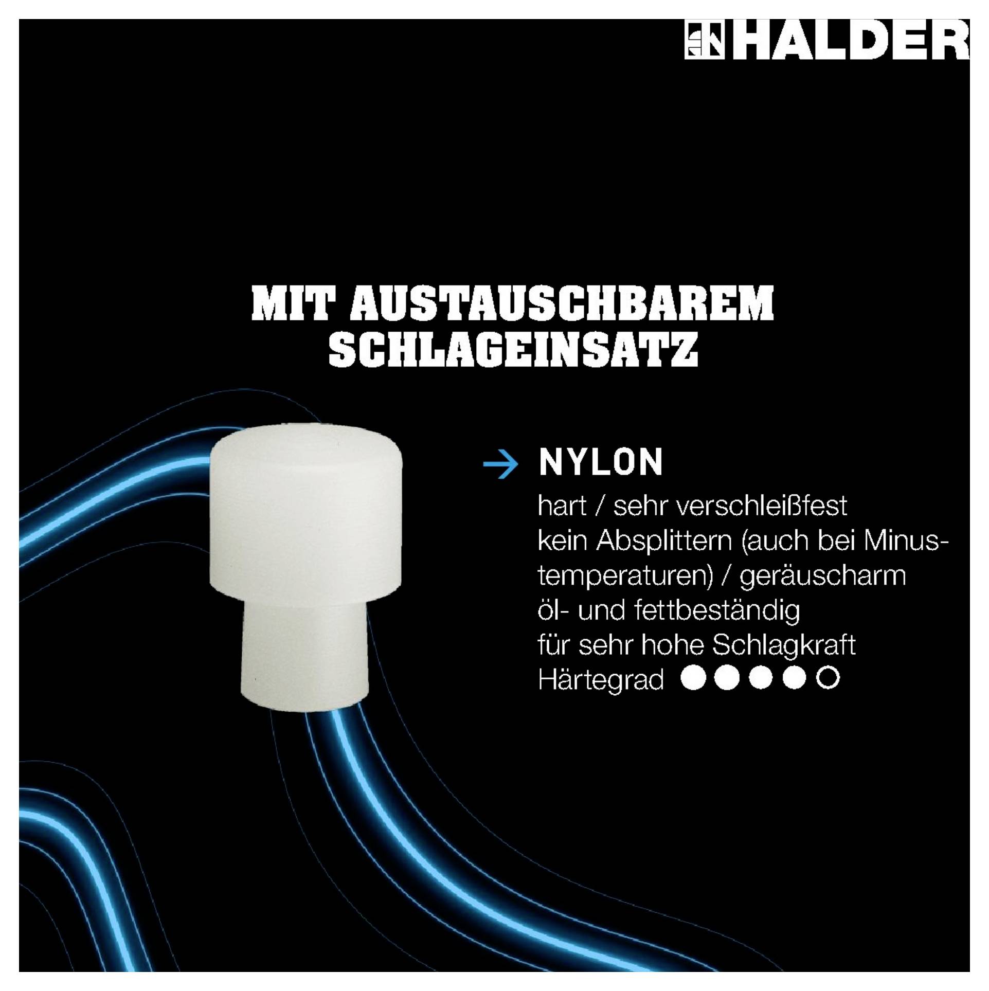 Austauschbarer Schlagkopf aus Nylon: hart, verschleißfest, geräuscharm, öl- und fettbeständig für hohe Schlagkraft.