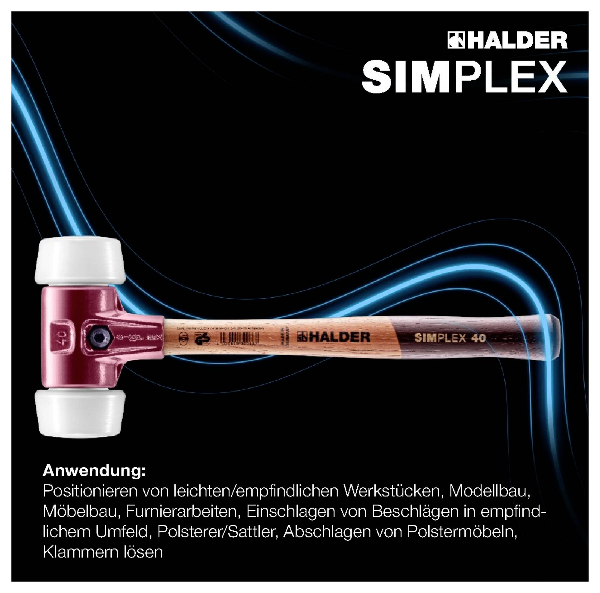 Hammer Halder Simplex 40 mit Holzstiel und weißen Köpfen. Anwendung: präzises Positionieren und Bearbeiten empfindlicher Werkstücke.