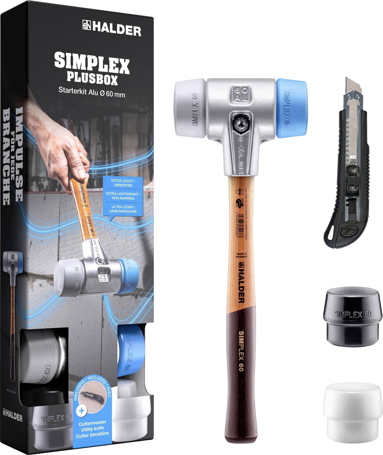 Ein Simplex-Plus-Boxset mit einem Doppelkopf-Schlägel, austauschbaren Köpfen aus verschiedenen Materialien und einem Universalmesser, alle gekennzeichnet und verpackt.