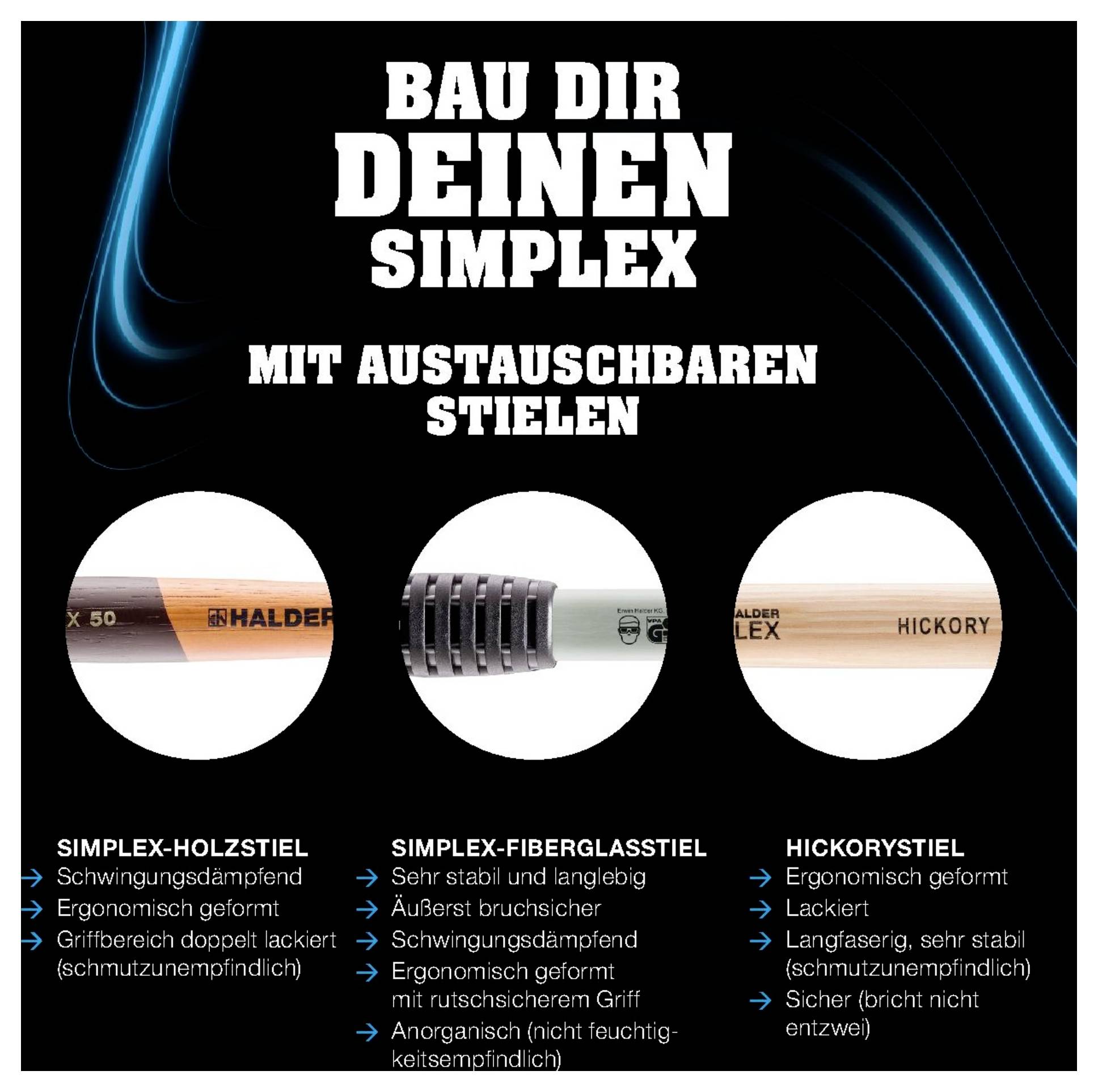 'Bau dir deinen Simplex mit austauschbaren Stielen.' Bild zeigt drei Arten von Stielen: Holz, Fiberglas, Hickory, mit Besonderheiten.