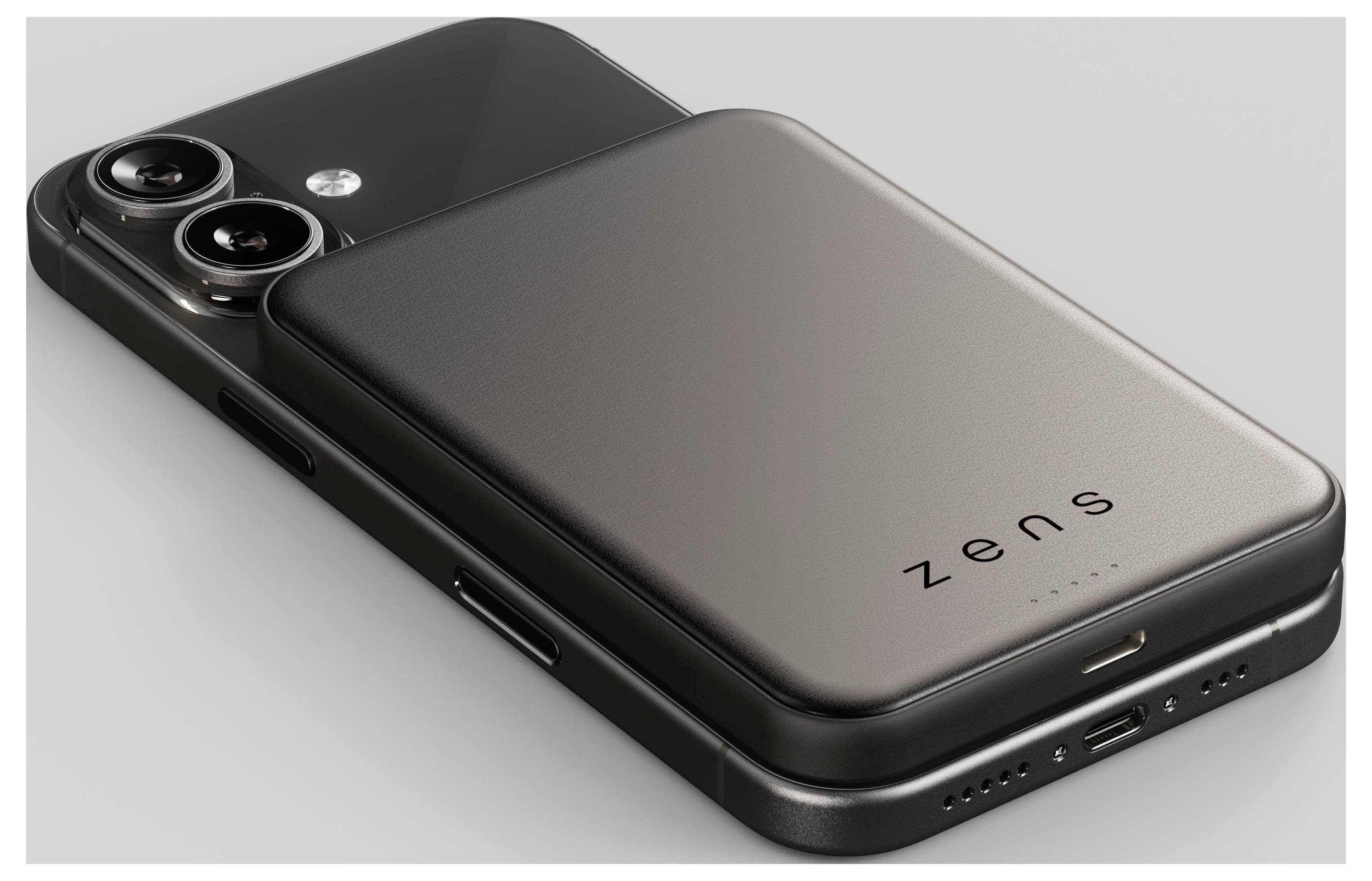 Schwarzes und graues Zenus-Smartphone von hinten gezeigt, das die rückseitigen Doppelkameras und das 