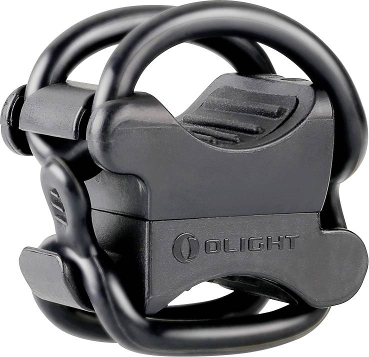 Eine schwarze Olight-Taschenlampenhalterung mit gummiertem Griffbereich, die entwickelt wurde, um eine Taschenlampe sicher an verschiedenen Objekten zu befestigen und eine freihändige Verwendung zu ermöglichen.