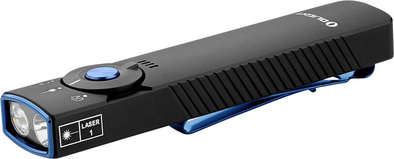 Eine tragbare Taschenlampe in Schwarz und Blau mit Laserpointer-Funktion, beschriftet mit „Laser 1