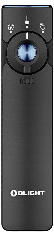 Ein schwarzes tragbares Gerät mit einem blauen Knopf und Symbolen für UV-Licht und Taschenlampe oben. Der Markenname „Olight