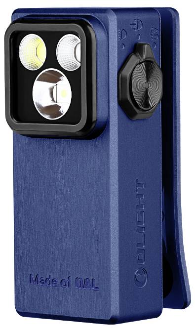 Eine kompakte blaue Taschenlampe mit Clip, mit drei LED-Leuchten und einem strukturierten Drehknopf zur Einstellung. Branding auf der Seite sichtbar.