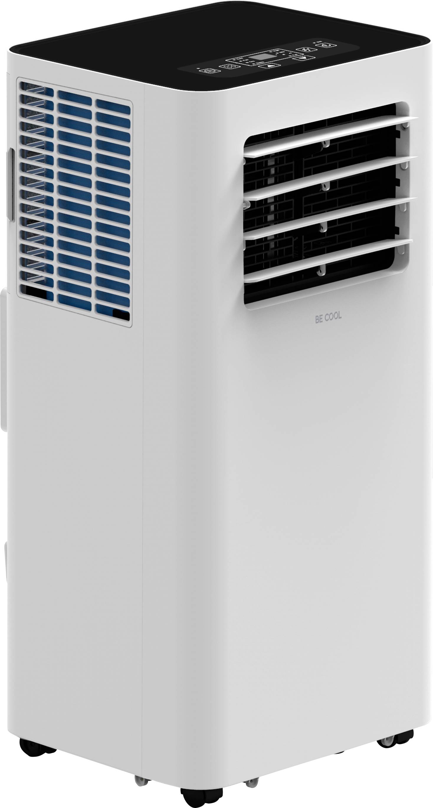 Ein großer, schwarzer Turmventilator mit schlankem Design, ausgestattet mit einem digitalen Bedienfeld oben und einem vertikalen Gitter für die Luftzirkulation.