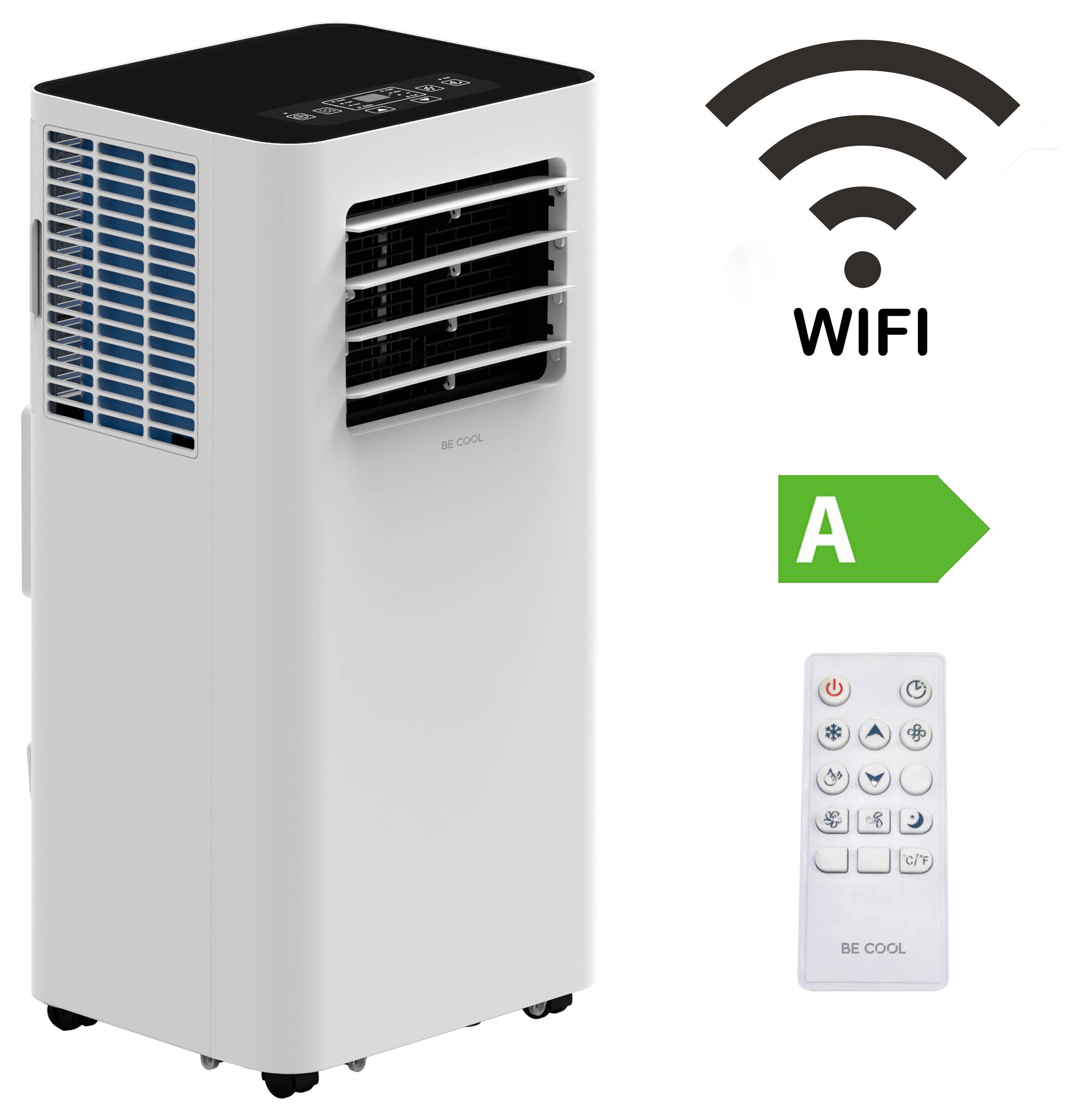 Ein tragbarer Klimageräte mit WiFi-Konnektivität, Energieeffizienzklasse A und Fernbedienung. Das Gerät trägt die Bezeichnung 