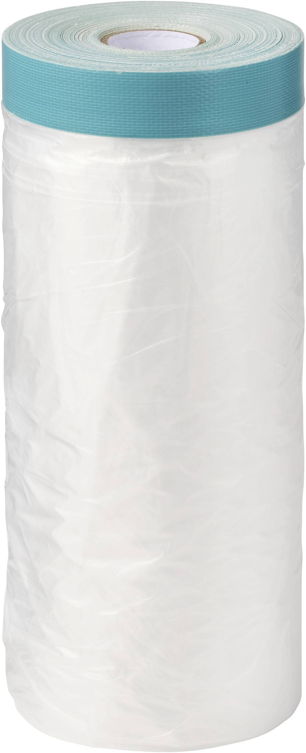 Eine Rolle weißer Kunststoff-Verpackungsfolie mit türkisfarbenem oberen Rand, aufrecht vor einem einfachen Hintergrund dargestellt.