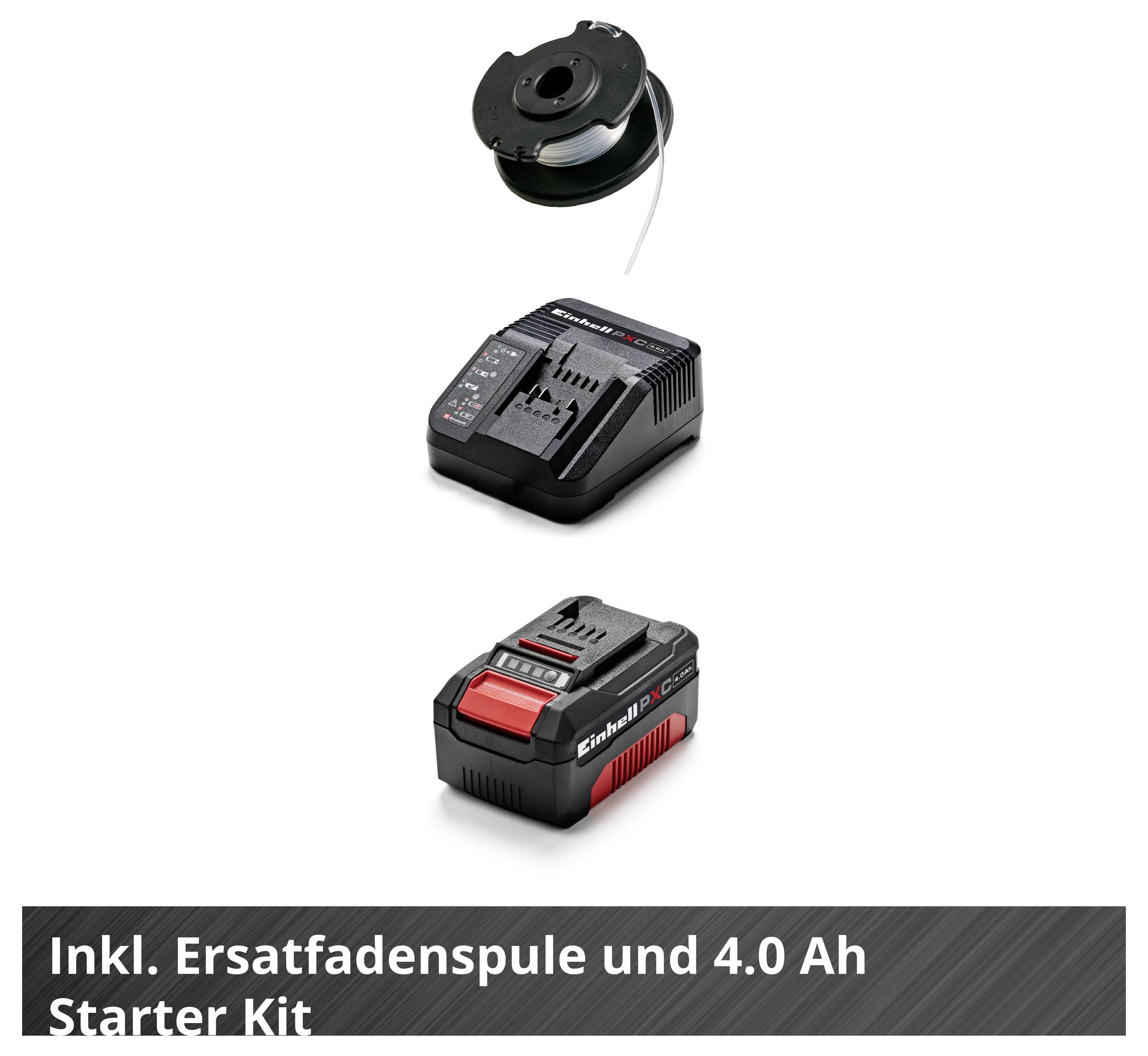 Batterieladegerät und Batteriepack für Elektrowerkzeuge, beide schwarz mit roten Akzenten, nebeneinander auf weißem Hintergrund dargestellt.