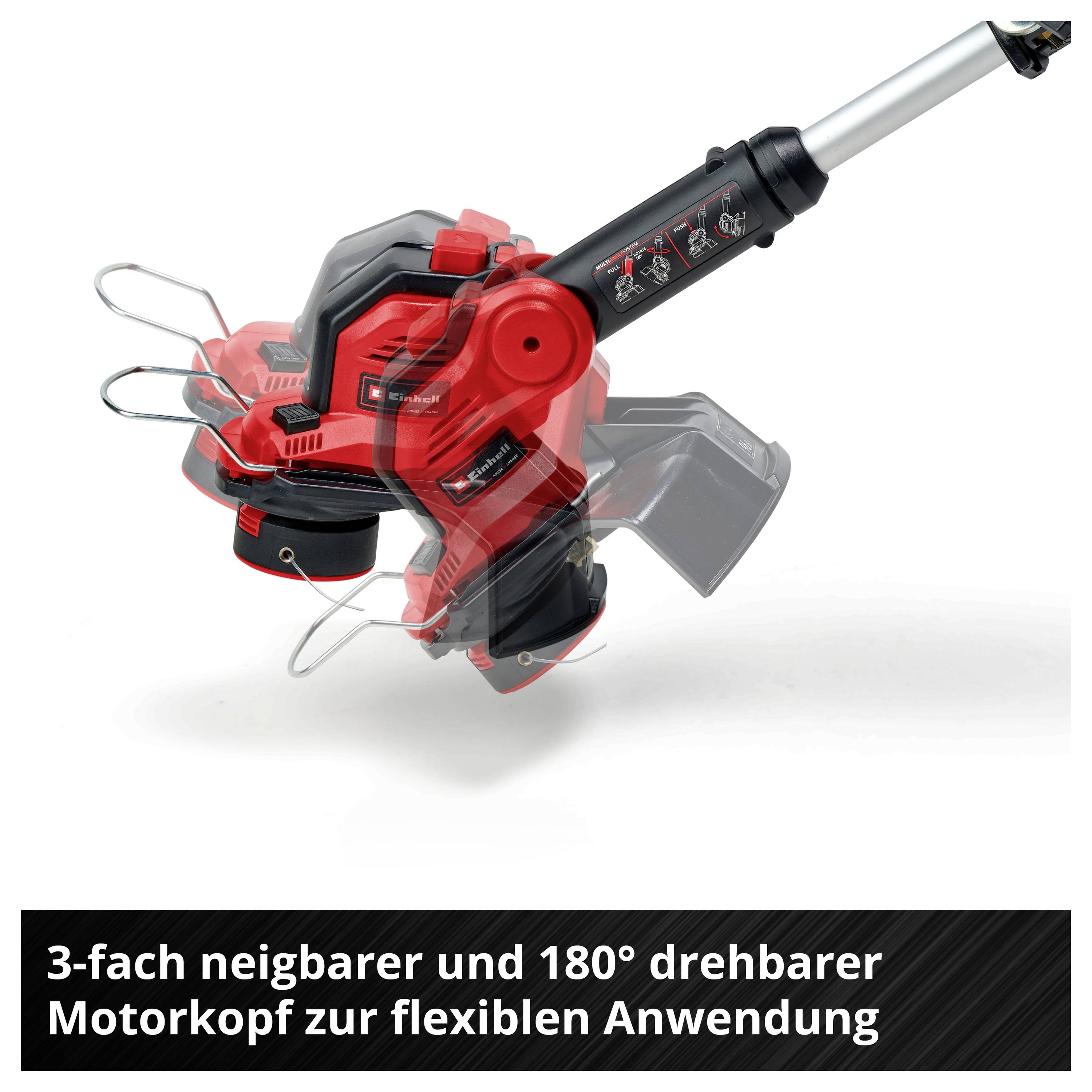 '3-fach neigbarer und 180° drehbarer Motorkopf zur flexiblen Anwendung' steht unter einem Bild des gezeigten Gartenwerkzeugs.