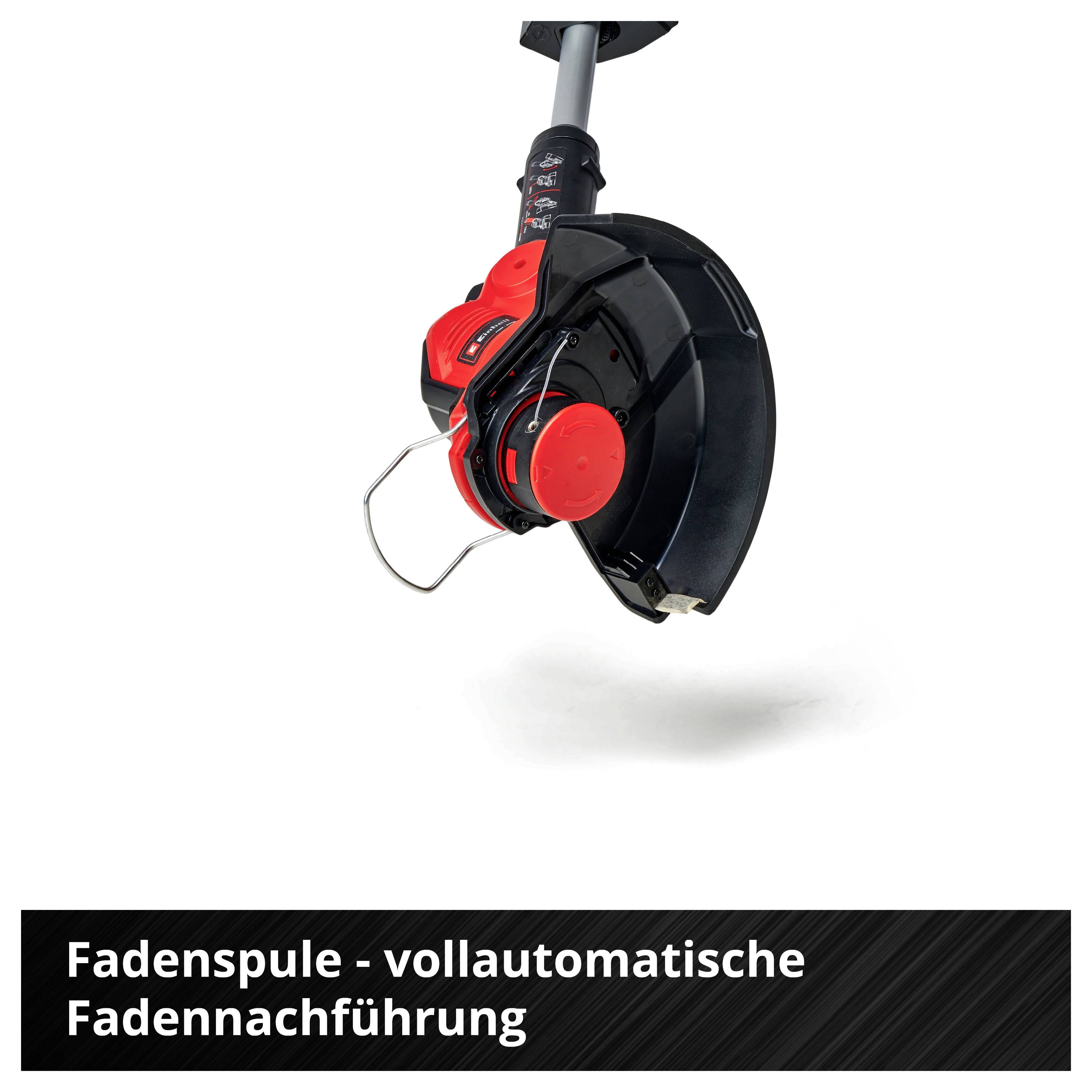 'Fadenspule - vollautomatische Fadennachführung.' Abbildung einer roten Fadenspule mit Schutzkappe, verwendet in einem Rasenmäher.