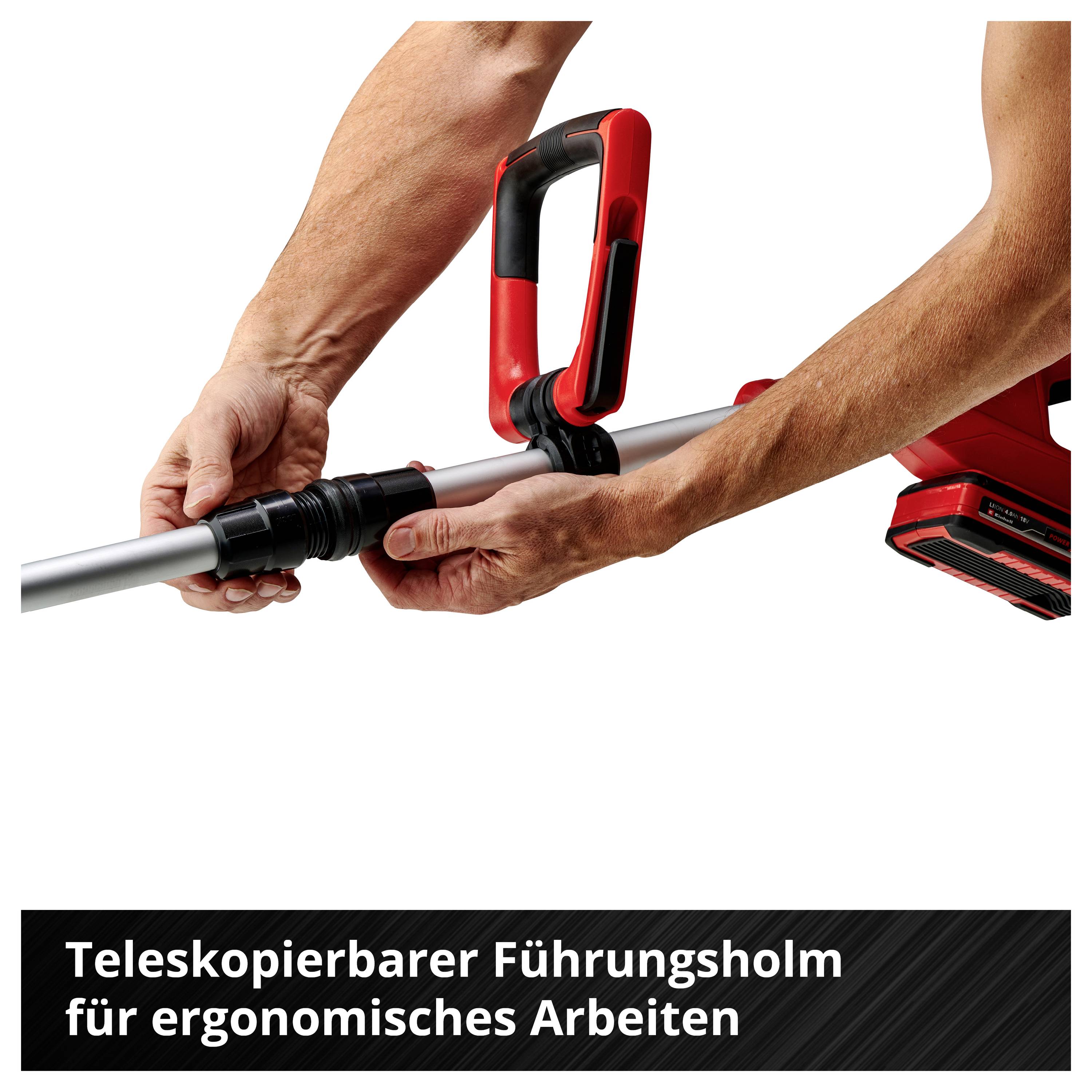 Teleskopierbarer Führungsholm für ergonomisches Arbeiten. Hände verstellen Griff an einem Handwerkzeug.