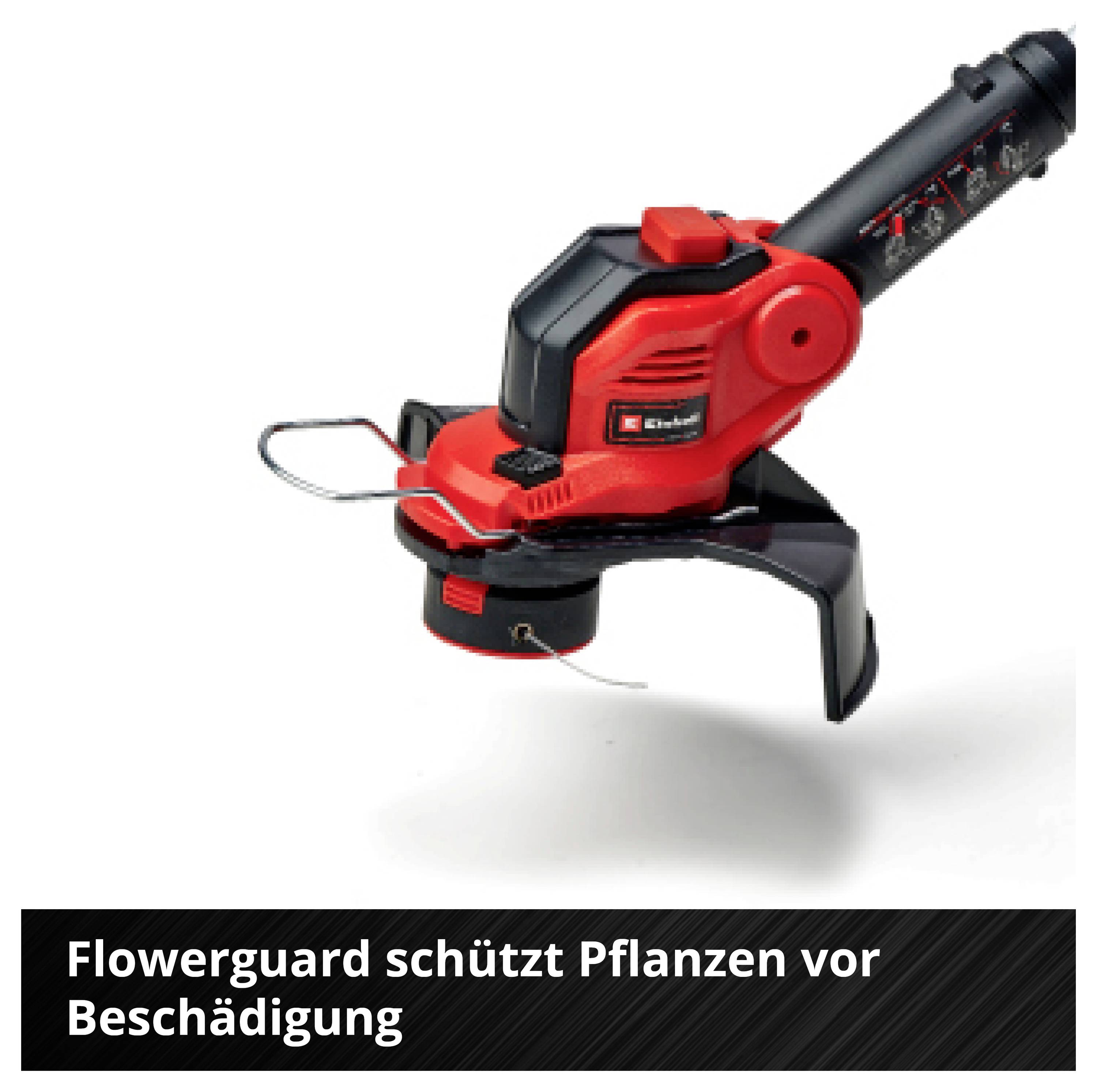 Ein roter Rasentrimmer mit dem Namen 'Flowerguard', der Pflanzen vor Beschädigung schützt.