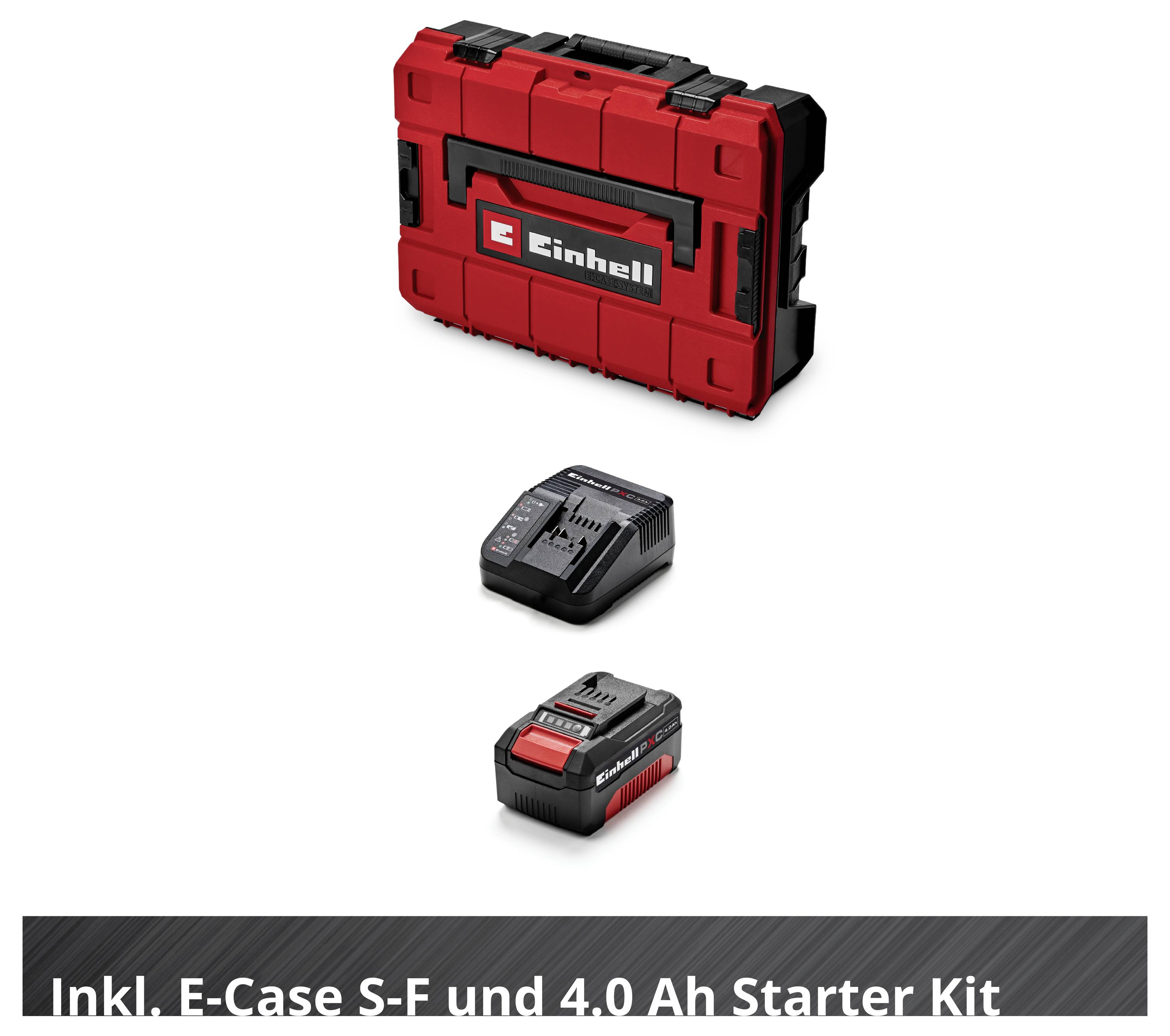 Tragekoffer mit Ladegerät und Akku im Starter Kit. Markenschild 'Einhell' auf dem Koffer. Enthält E-Case S-F und 4.0 Ah Akku.