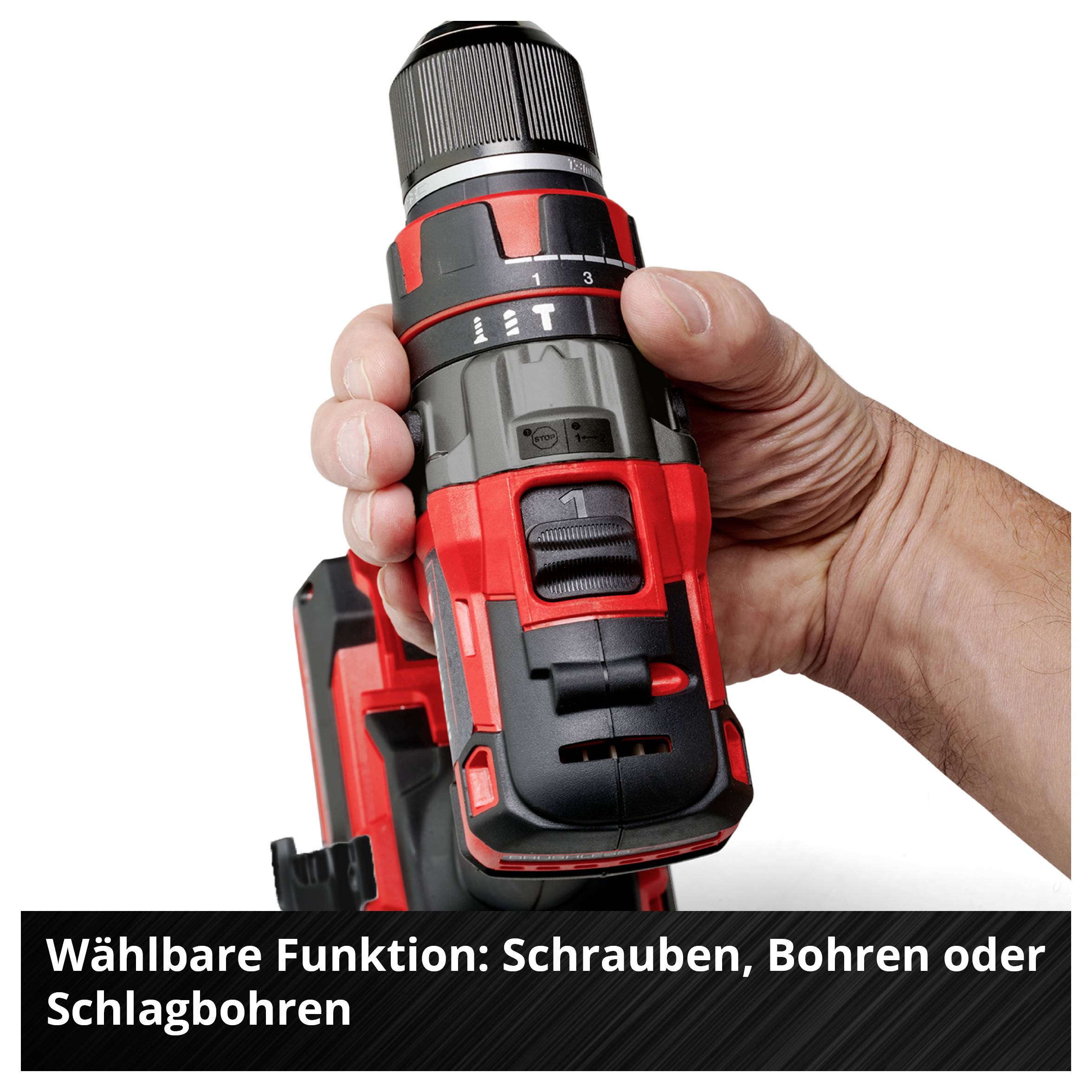 Eine Hand hält eine rote Bohrmaschine mit mehreren Einstellmöglichkeiten; Text: 'Wählbare Funktion: Schrauben, Bohren oder Schlagbohren'.