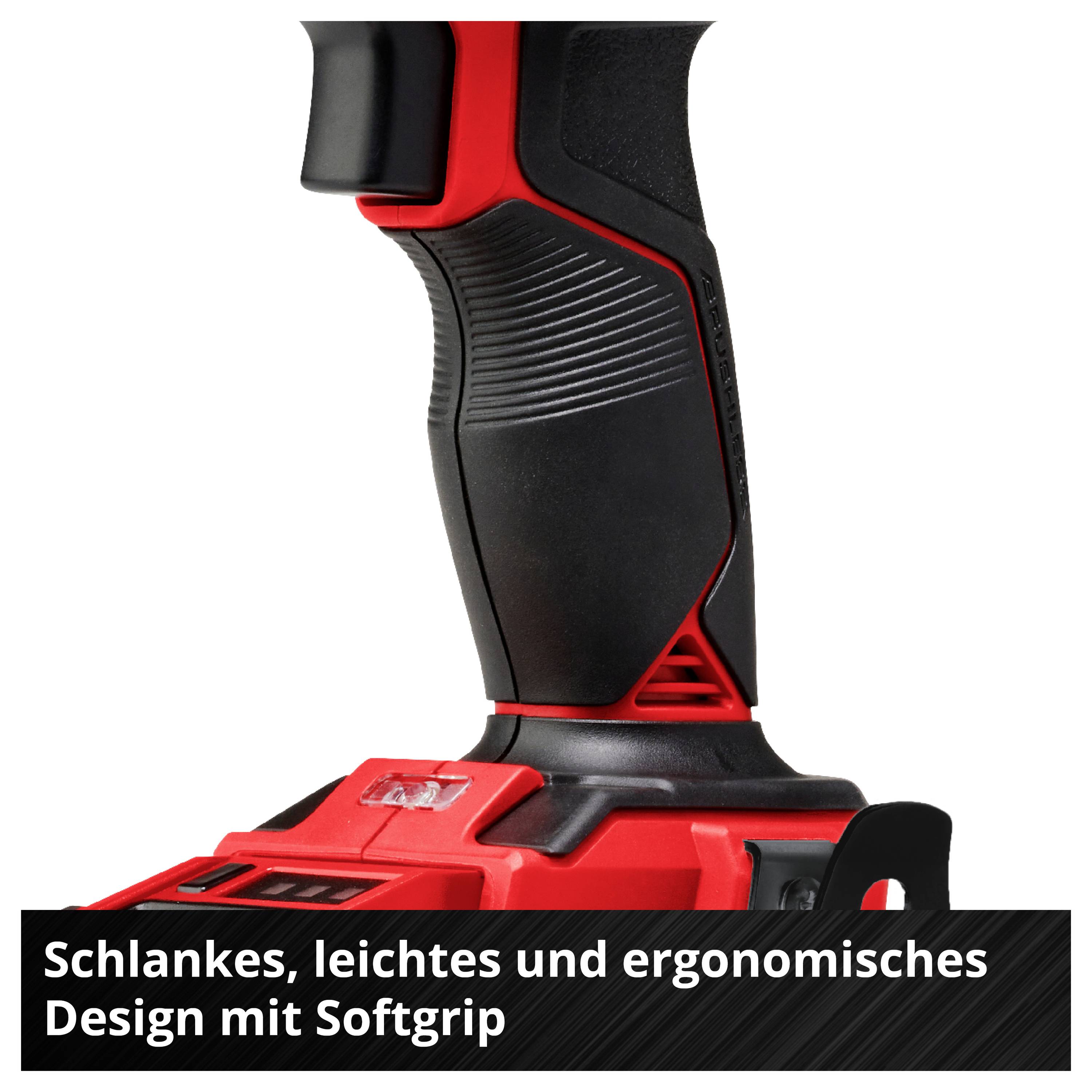 Akkuschrauber mit schlankem, leichtem und ergonomischem Design; rotes Gehäuse, schwarzer Softgriff; Text: 'Schlankes, leichtes und ergonomisches Design mit Softgrip'.