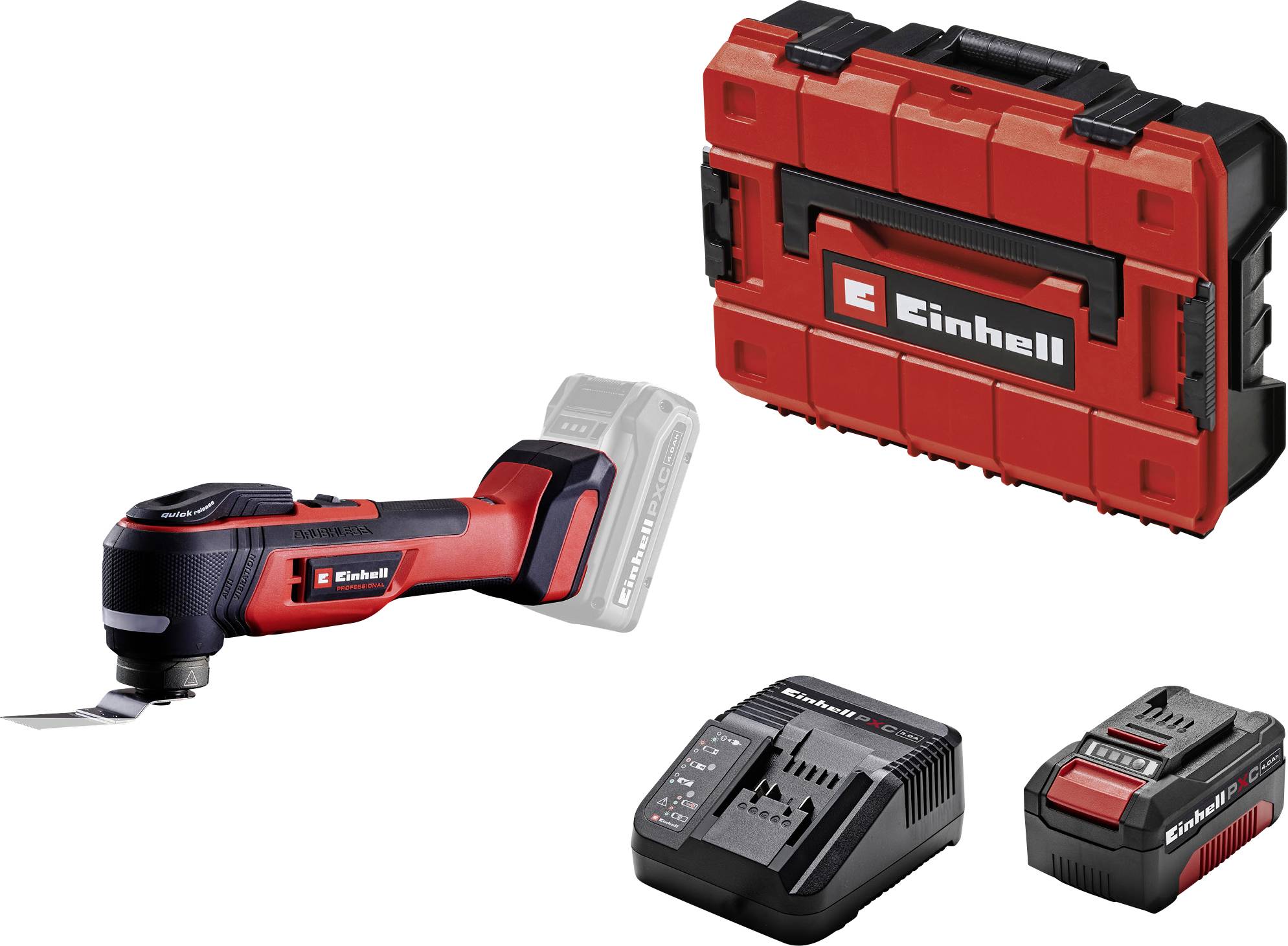 Ein rotes und schwarzes Einhell Akku-Multifunktionswerkzeug-Set mit Werkzeug, Batterieladegerät, Batterie und Transportkoffer wird angezeigt.