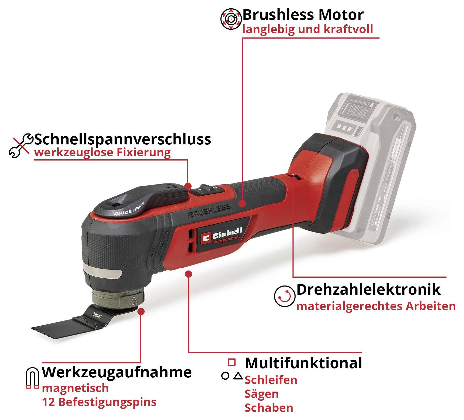 Ein rotes Elektro-Multifunktionswerkzeug mit einem Schnellspannverschluss, einem Brushless-Motor und einer Werkzeugaufnahme.