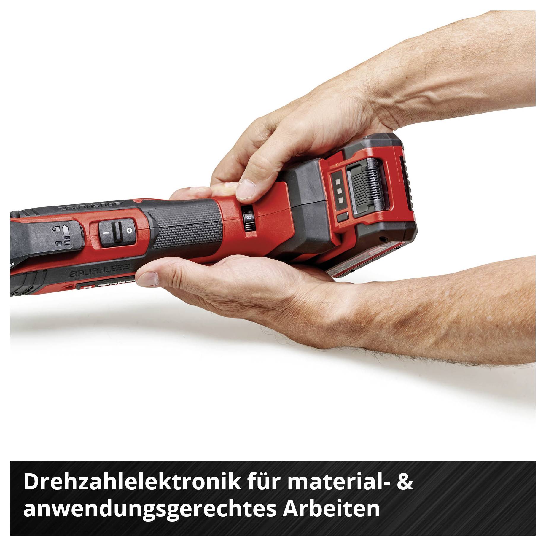 Hand hält roten Akkuschrauber mit Einstellungsmöglichkeiten. Text am unteren Rand: 'Drehzahlelektronik für material- & anwendungsgerechtes Arbeiten'.