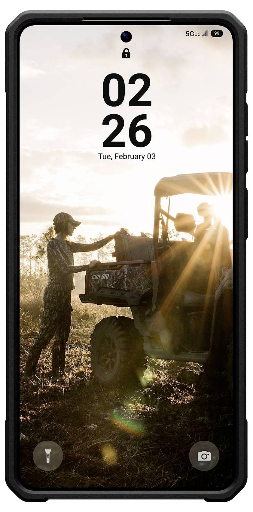 Ein elegantes Smartphone mit durchsichtiger Hülle, aus einem abgewinkelten Seitenperspektive betrachtet. Der Bildschirm zeigt einen Farbverlauf-Hintergrund mit einem Schatteneffekt.