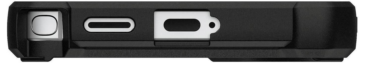 Ein schwarzes elektronisches Gerät in der Seitenansicht mit einem sichtbaren doppelten Rundanschluss. Orange-Akzent am unteren Ende.